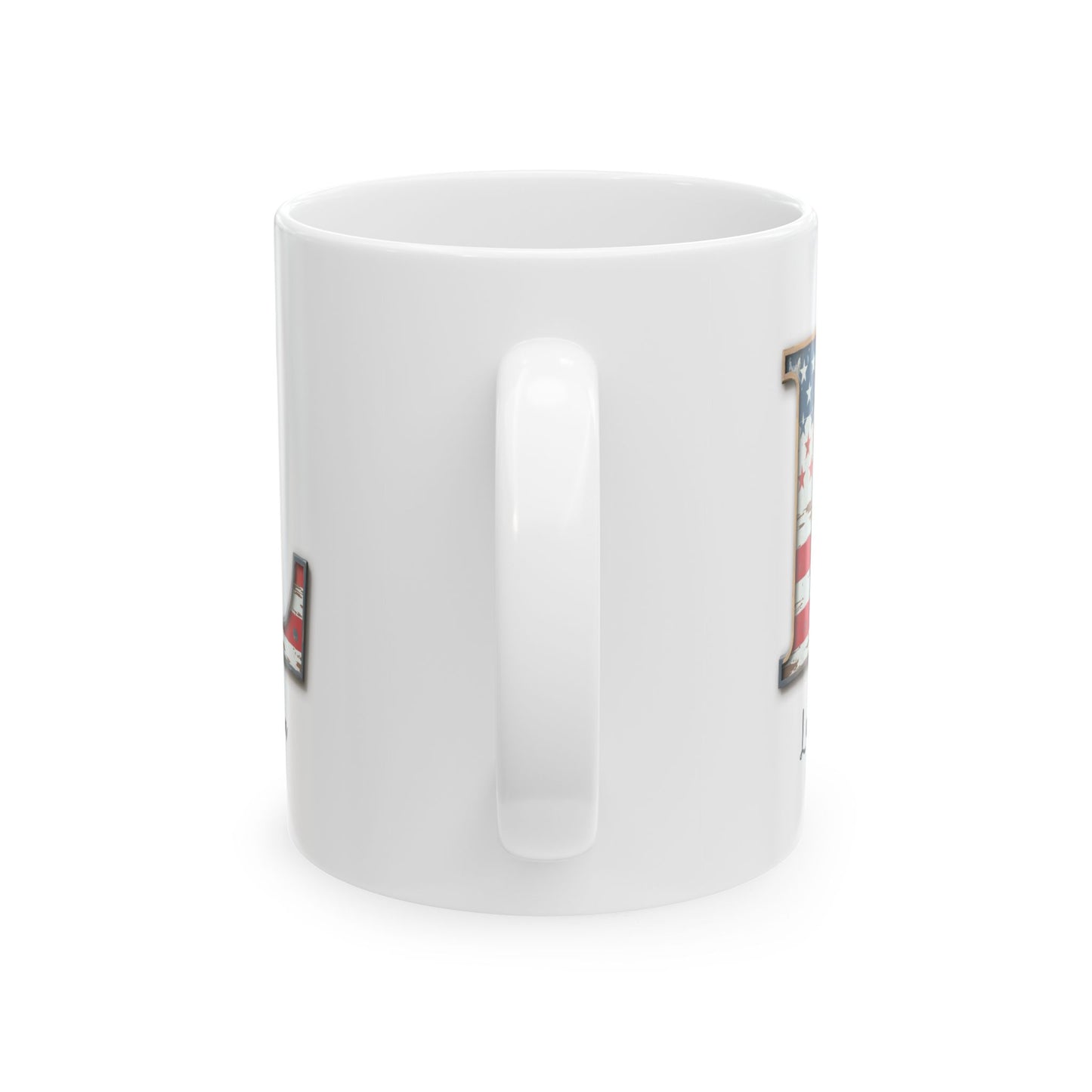 Mug - Patriotic American Flag Letter L with Kevin Name - Vintage Red, White, and Blue Design