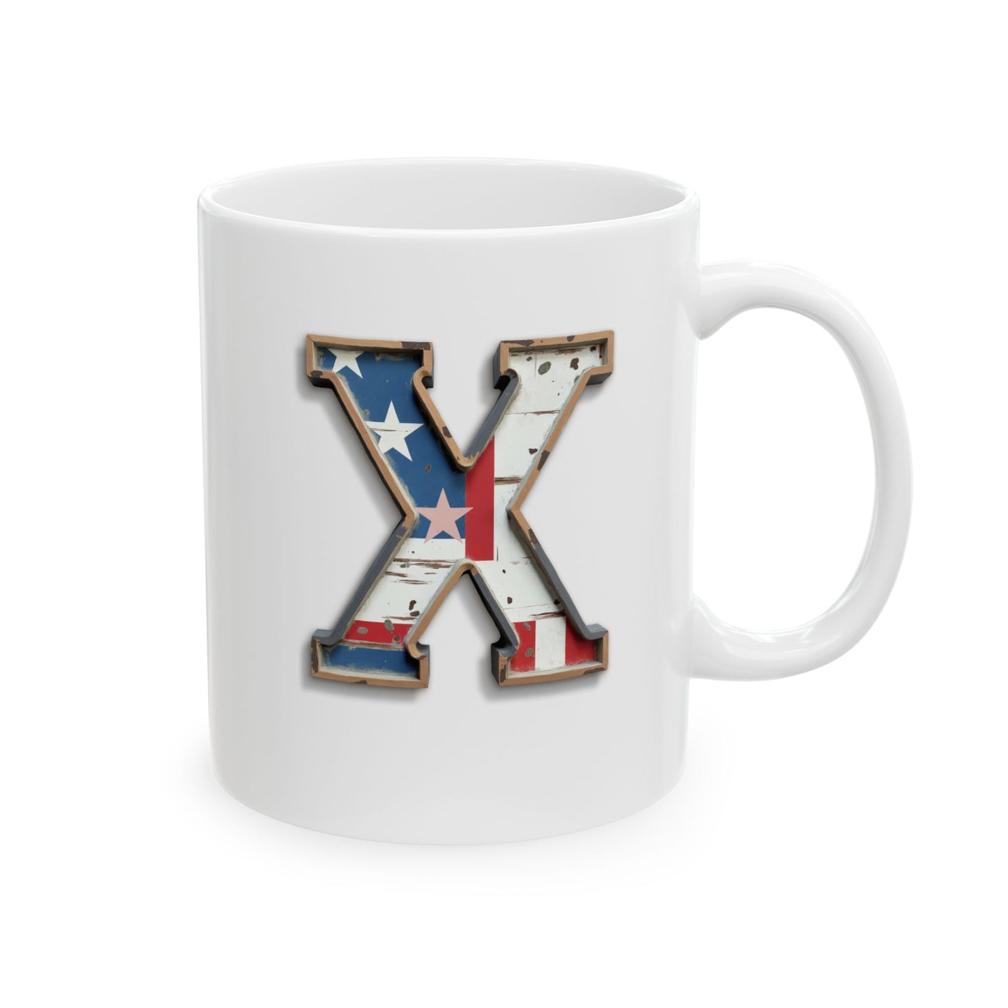 White USA Flag Letter X Mug – Personalized Patriotic Initial Coffee Cup Gift for Men, Veterans, and Proud Americans