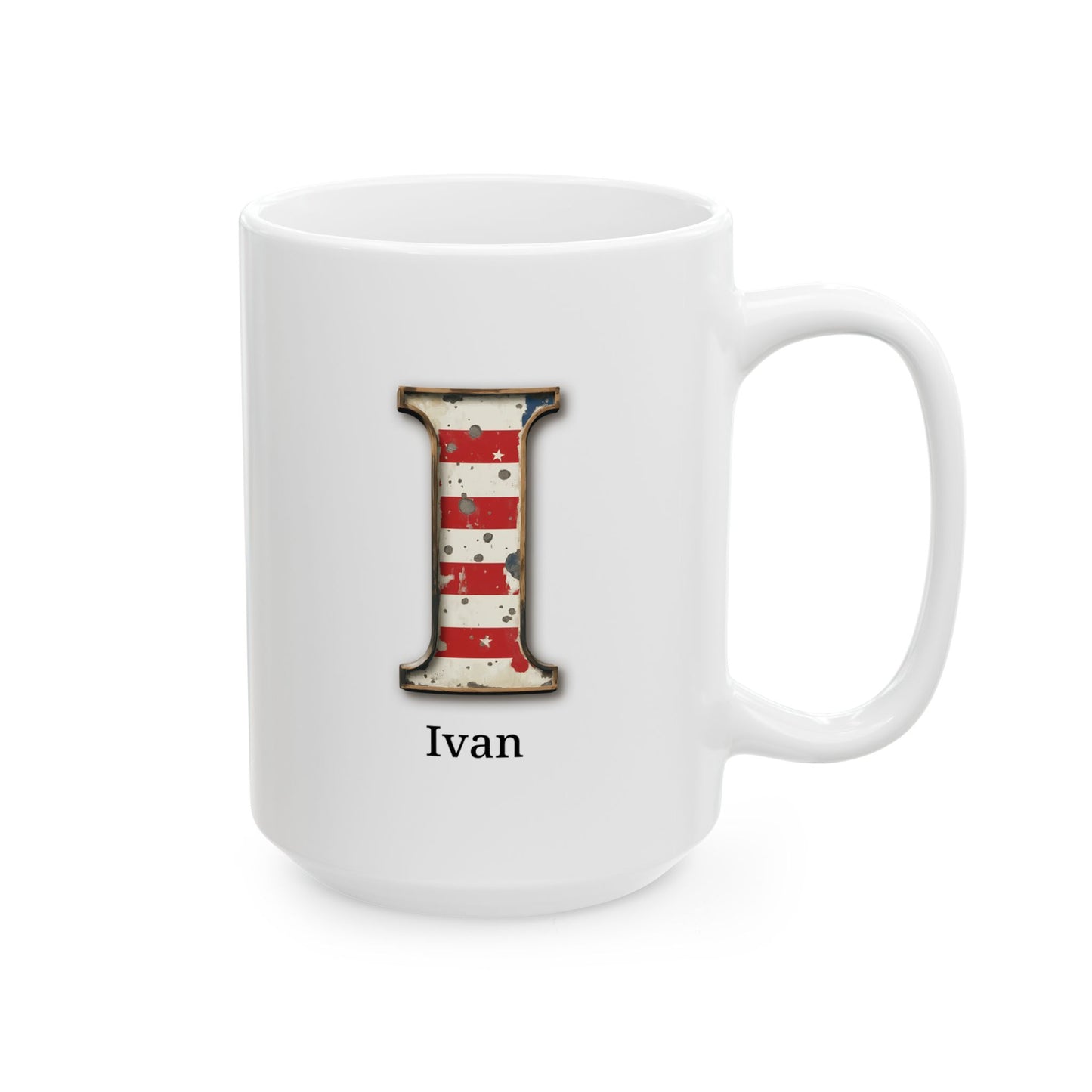 White Personalized USA Flag Initial Mug with Letter I and Ivan Name Gift for Men, Veterans, Patriotic Coffee Drinkers
