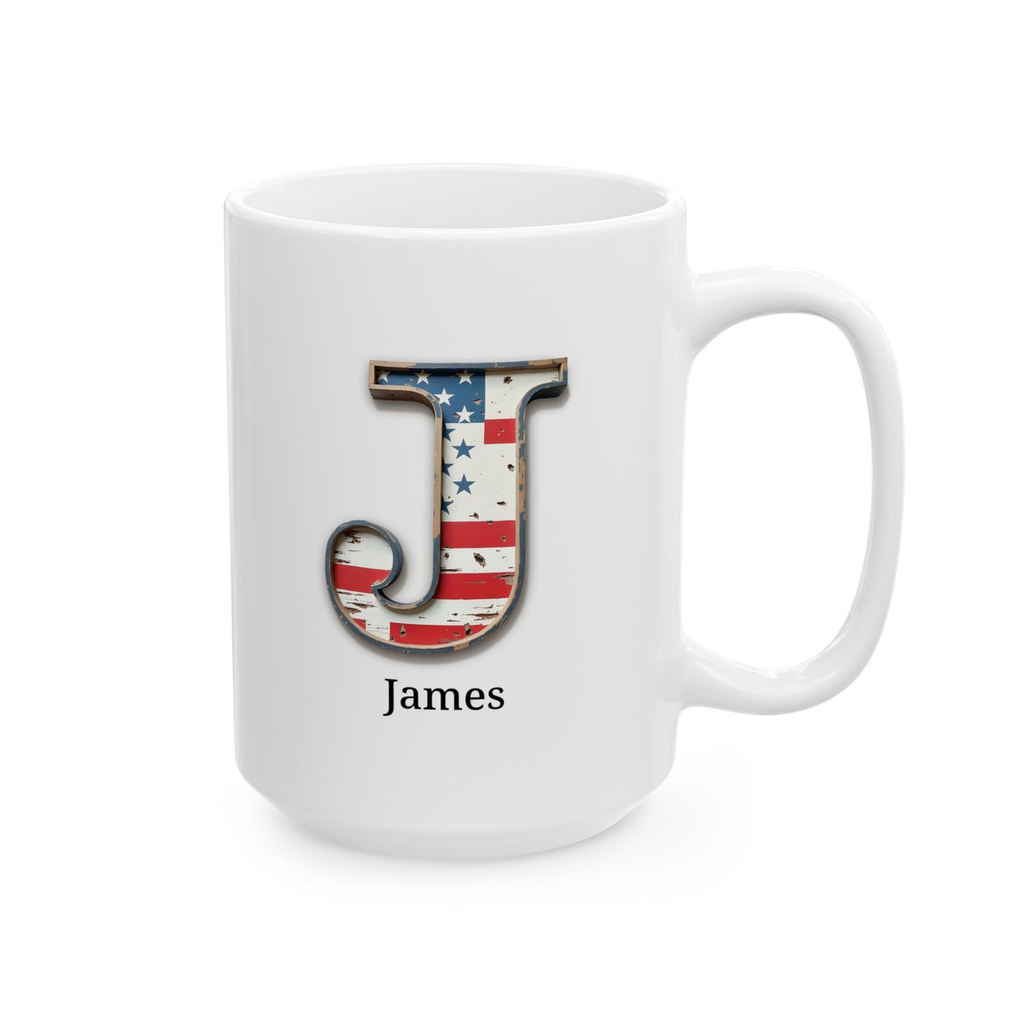 White Personalized USA Flag Initial Mug with Letter J and James Name Gift for Men, Veterans, Patriotic Coffee Lovers