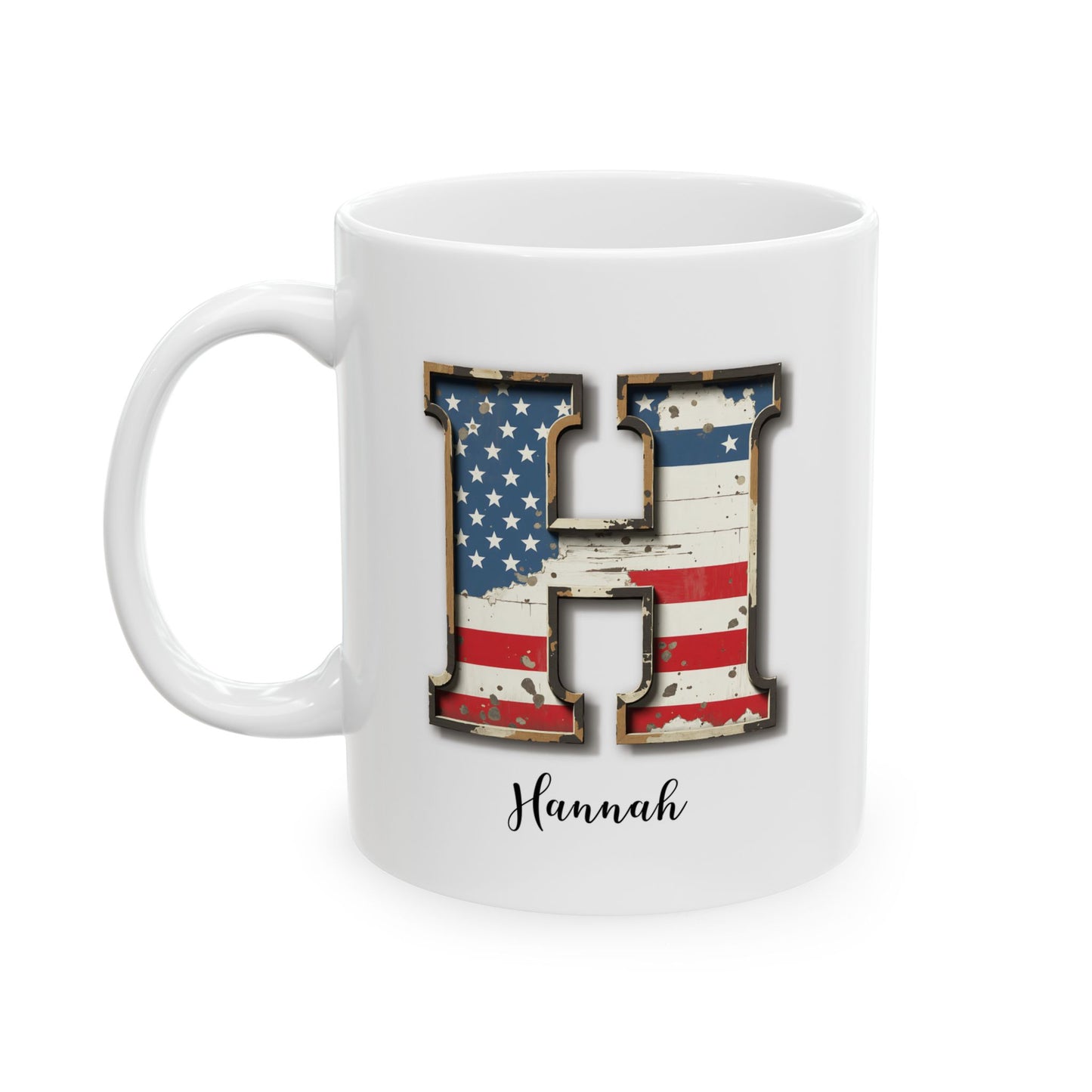Mug - Patriotic American Flag Letter H with Kevin Name - Vintage Red, White, and Blue Design