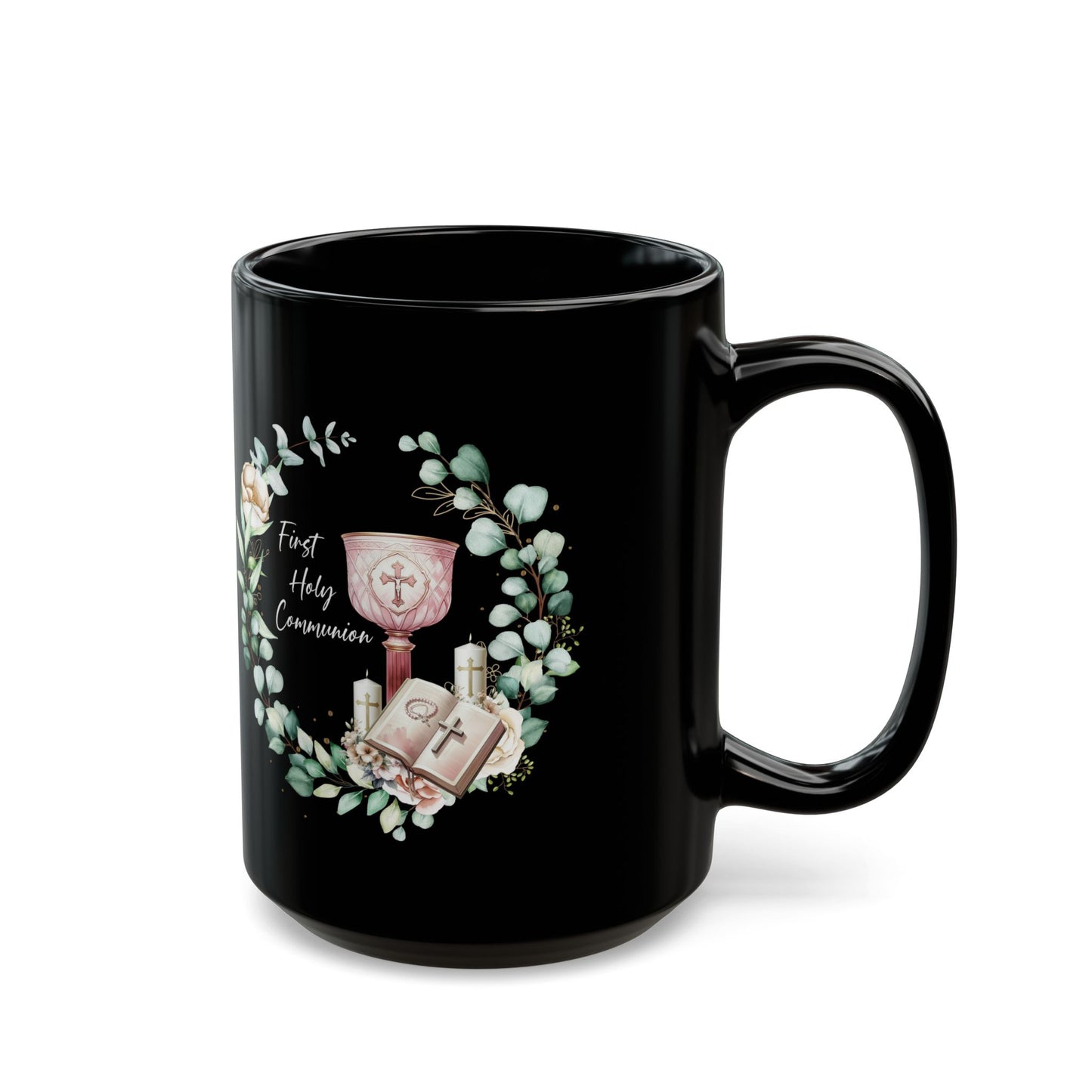 Black First Holy Communion Mug – Elegant Chalice & Bible Gift