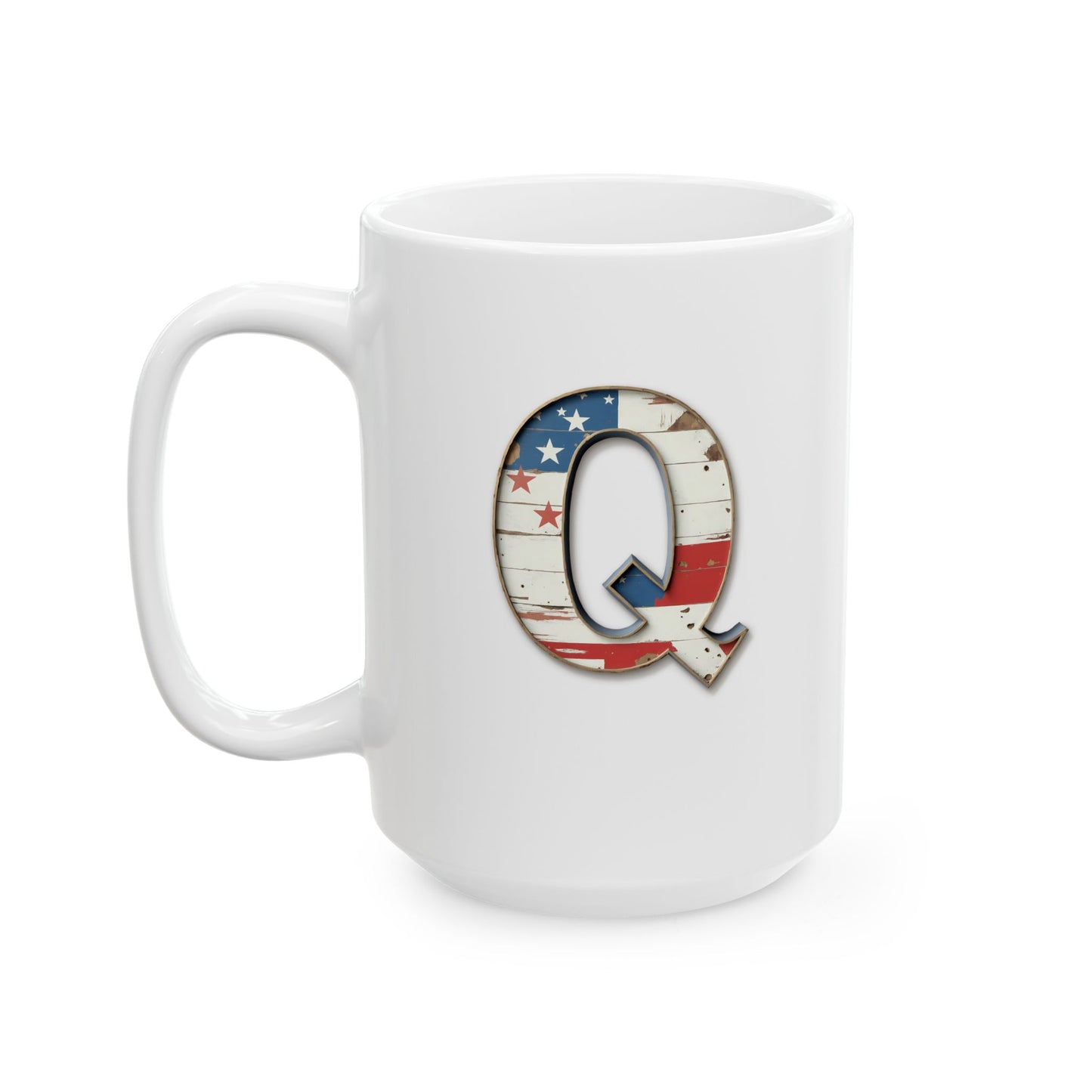 Mug - Patriotic American Flag Letter Q with Kevin Name - Vintage Red, White, and Blue Design