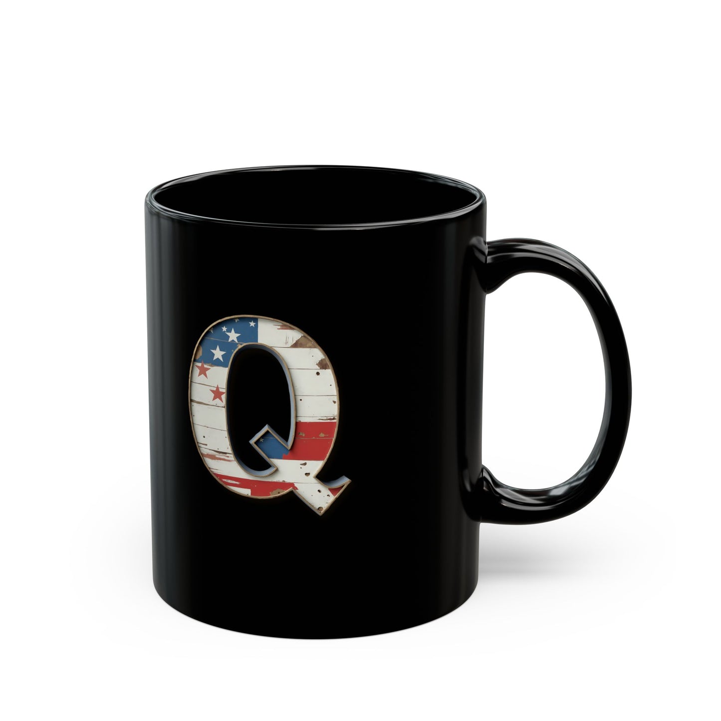 Mug - Patriotic American Flag Letter Q with Kevin Name - Vintage Red, White, and Blue Design