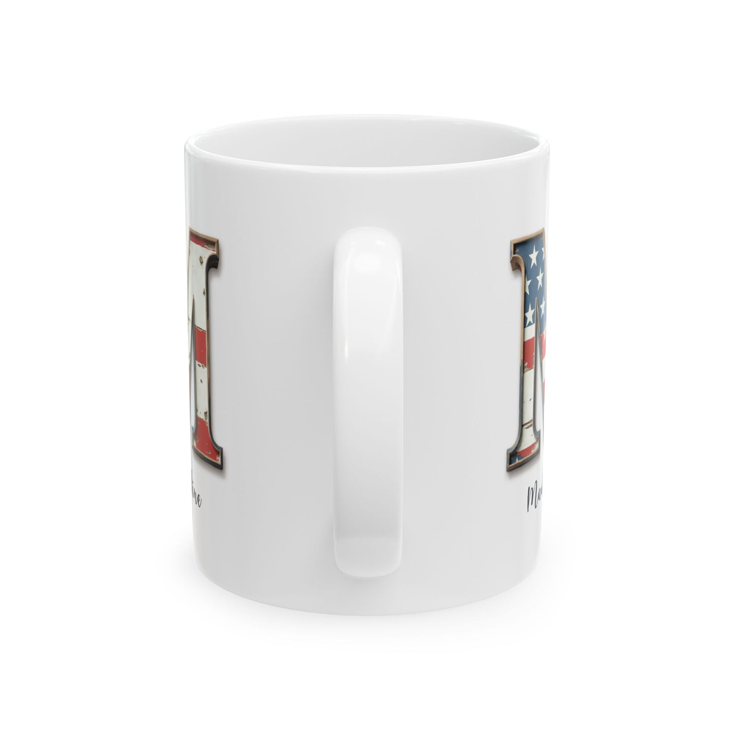 Mug - Patriotic American Flag Letter M with Kevin Name - Vintage Red, White, and Blue Design