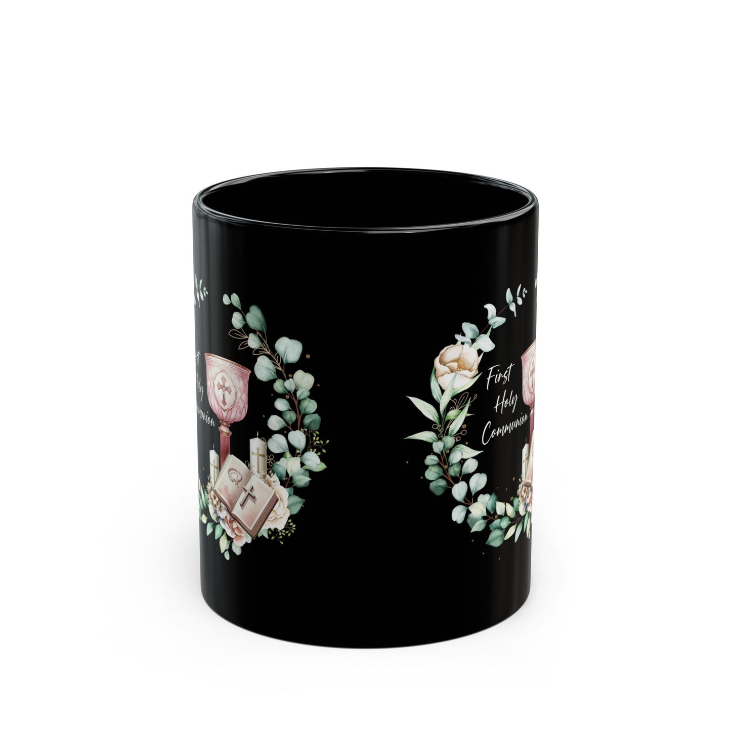 Black First Holy Communion Mug – Elegant Chalice & Bible Gift