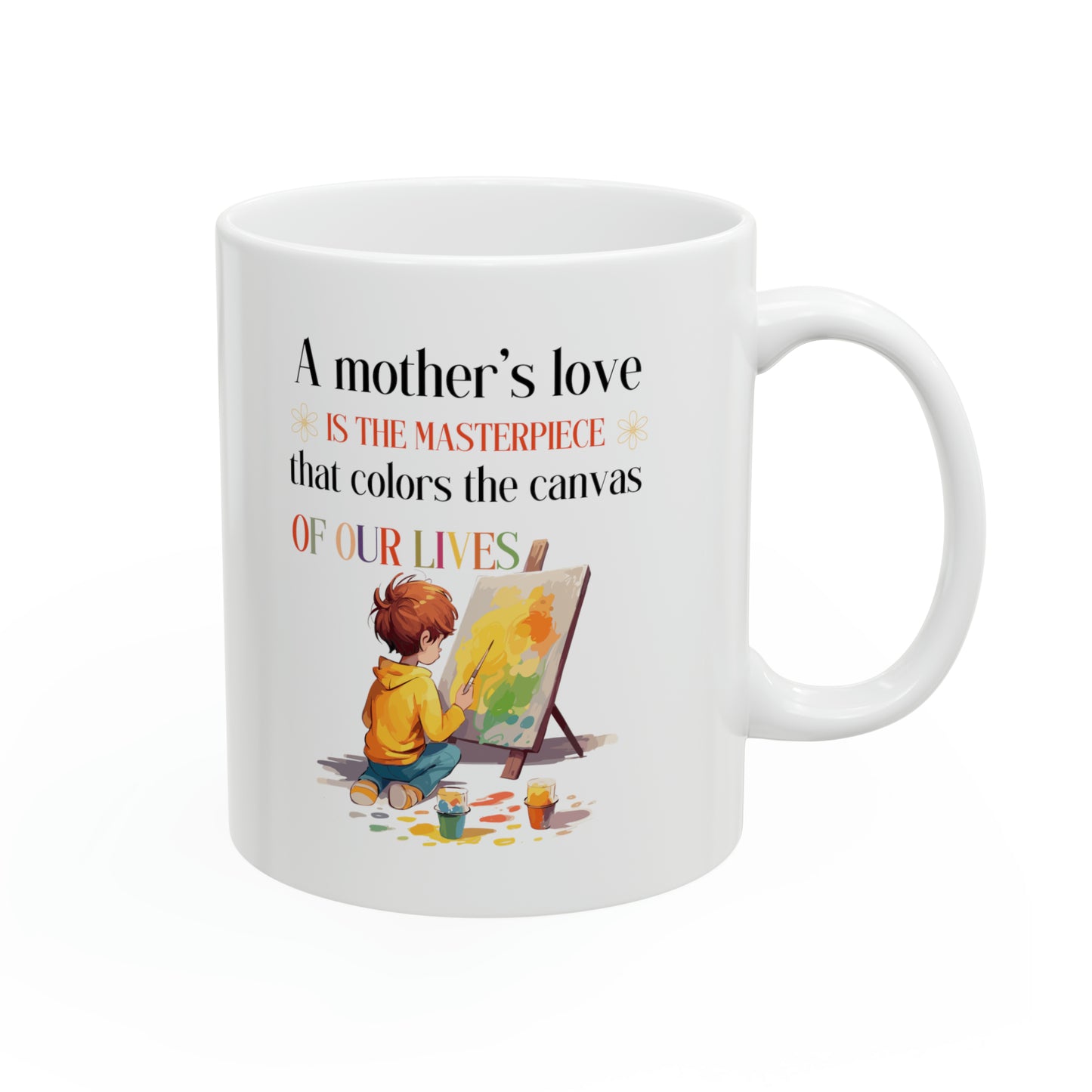 A Mother’s Love is a Masterpiece Artistic Mom Coffee Mug White Ceramic Cup Gift for Painters Artists and Moms