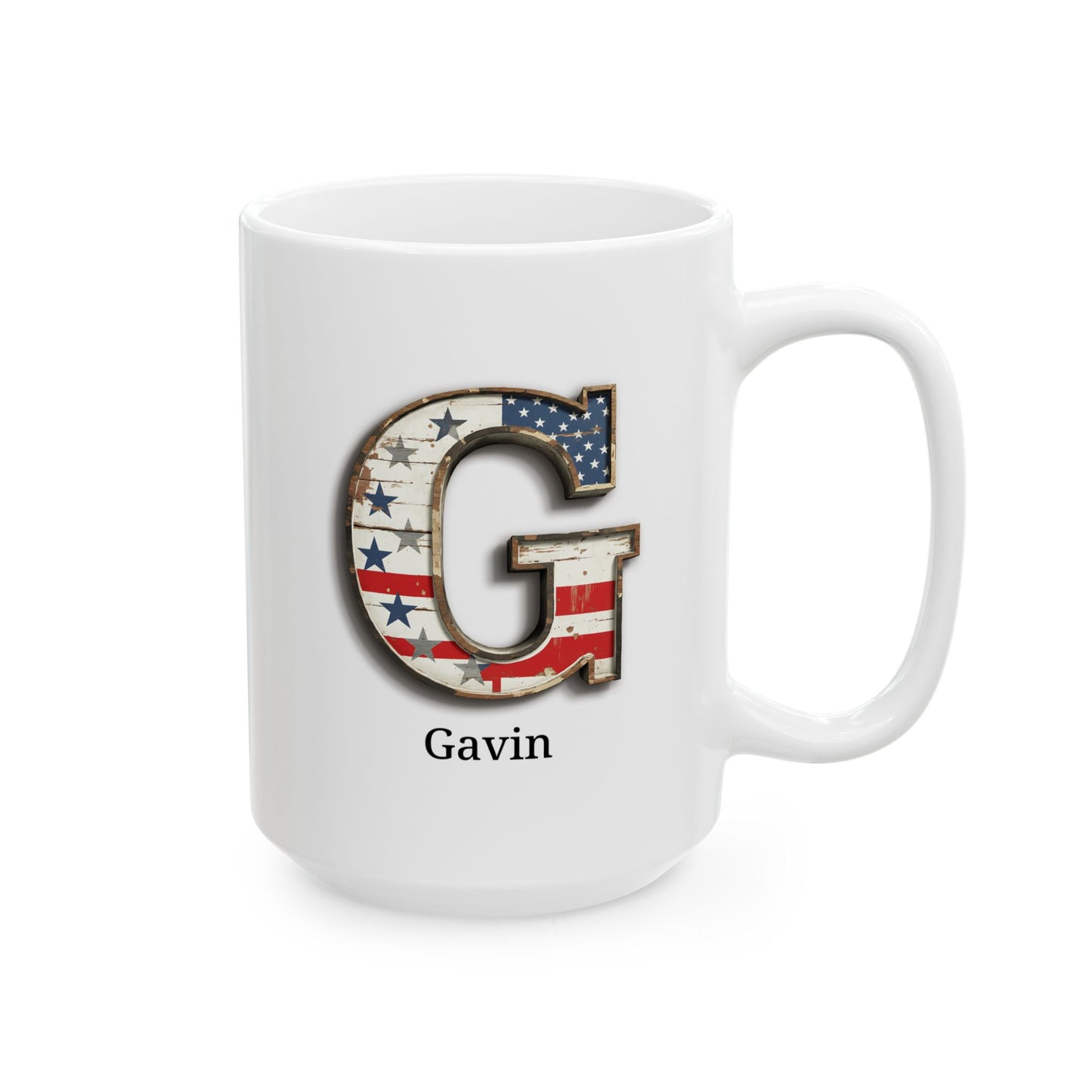 White Personalized USA Flag Initial Mug with Letter G and Gavin Name Gift for Men, Veterans, Patriotic Coffee Lovers