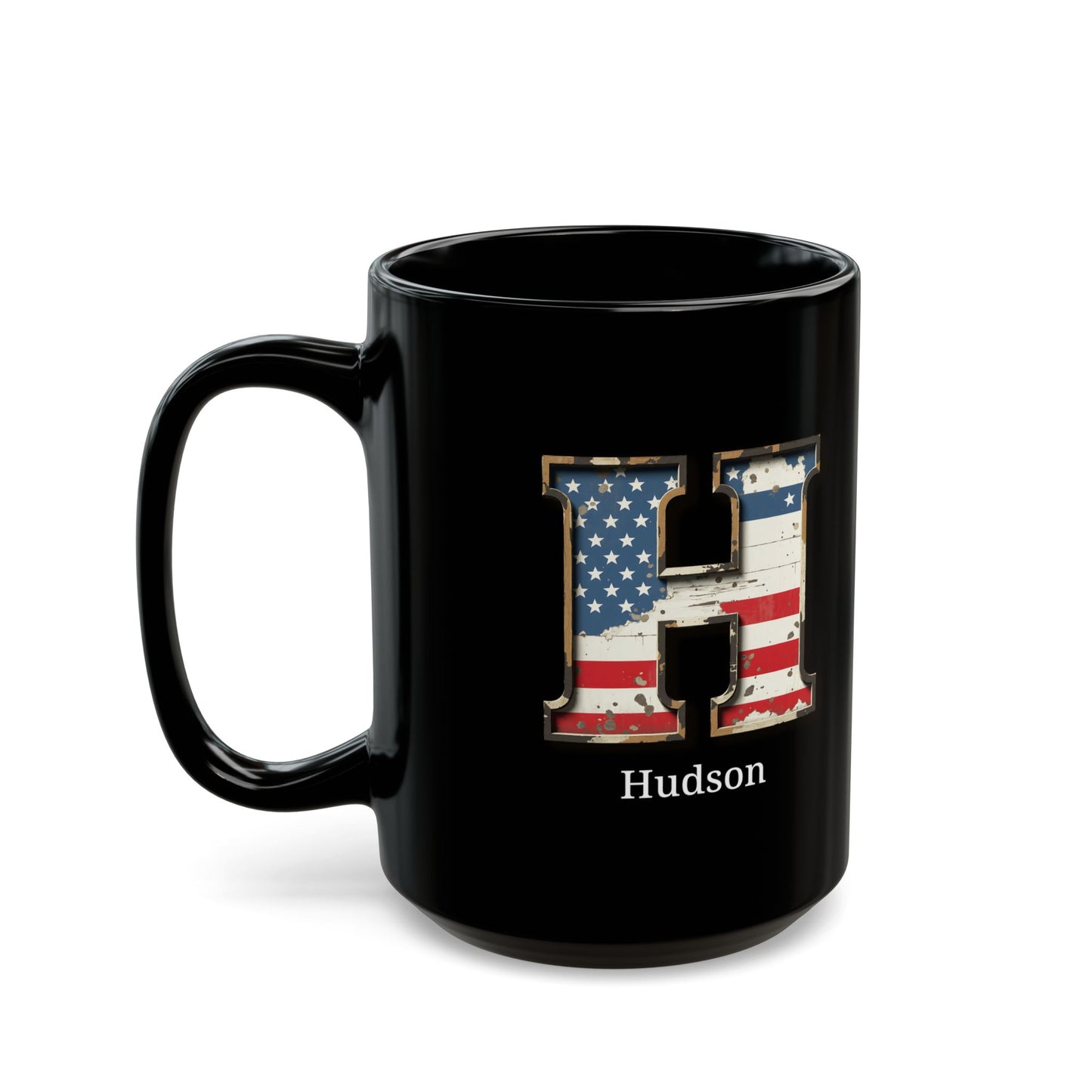 Black Personalized USA Flag Initial Mug with Letter H and Hudson Name Gift for Men, Veterans, Patriotic Coffee Lovers