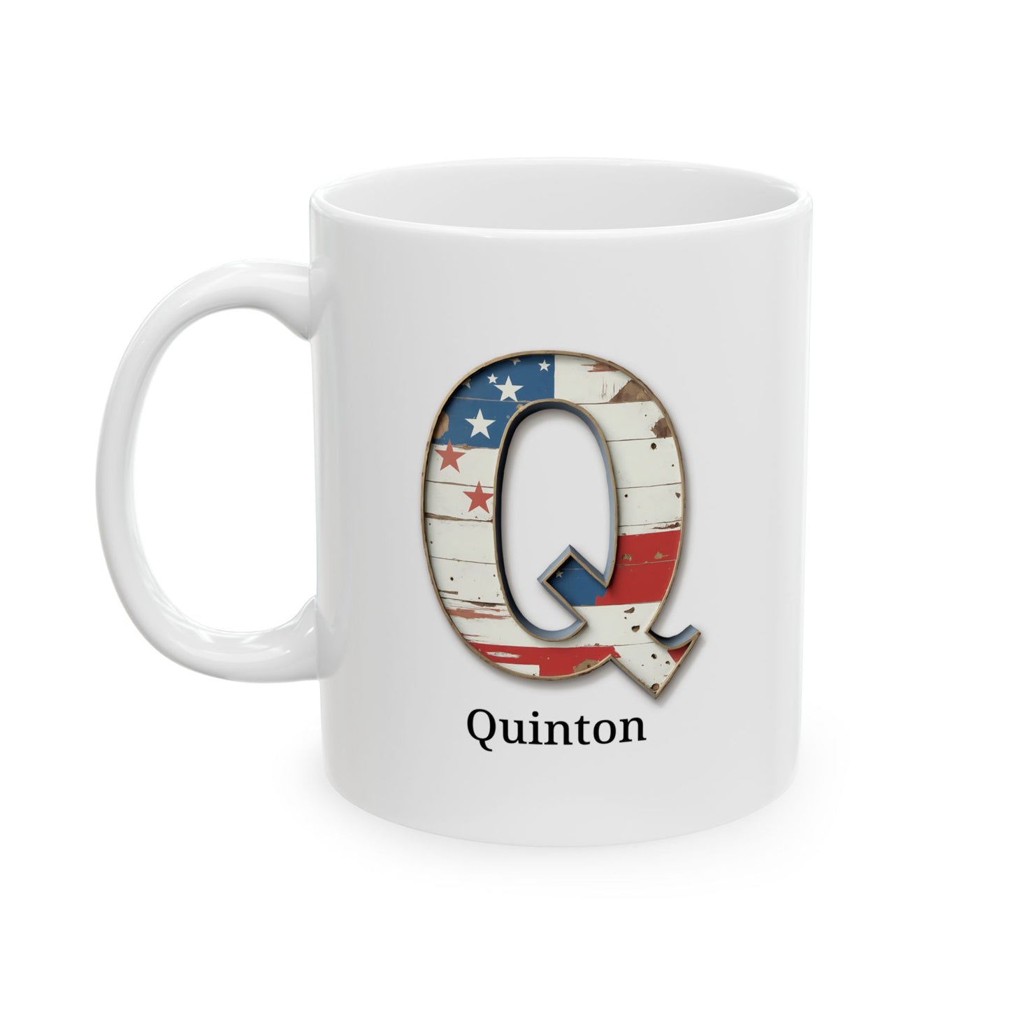 White American Flag Mug with Letter Q and Name Quinton Personalized Patriotic Coffee Cup Gift for Veterans Military or Proud Americans