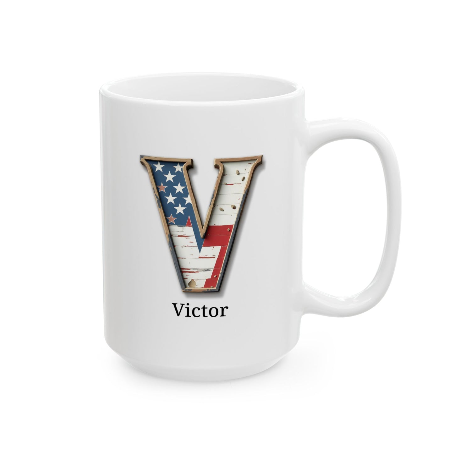 White American Flag Mug with Letter V and Name Victor Personalized Patriotic Coffee Cup Gift for Men Veterans or USA Flag Lovers