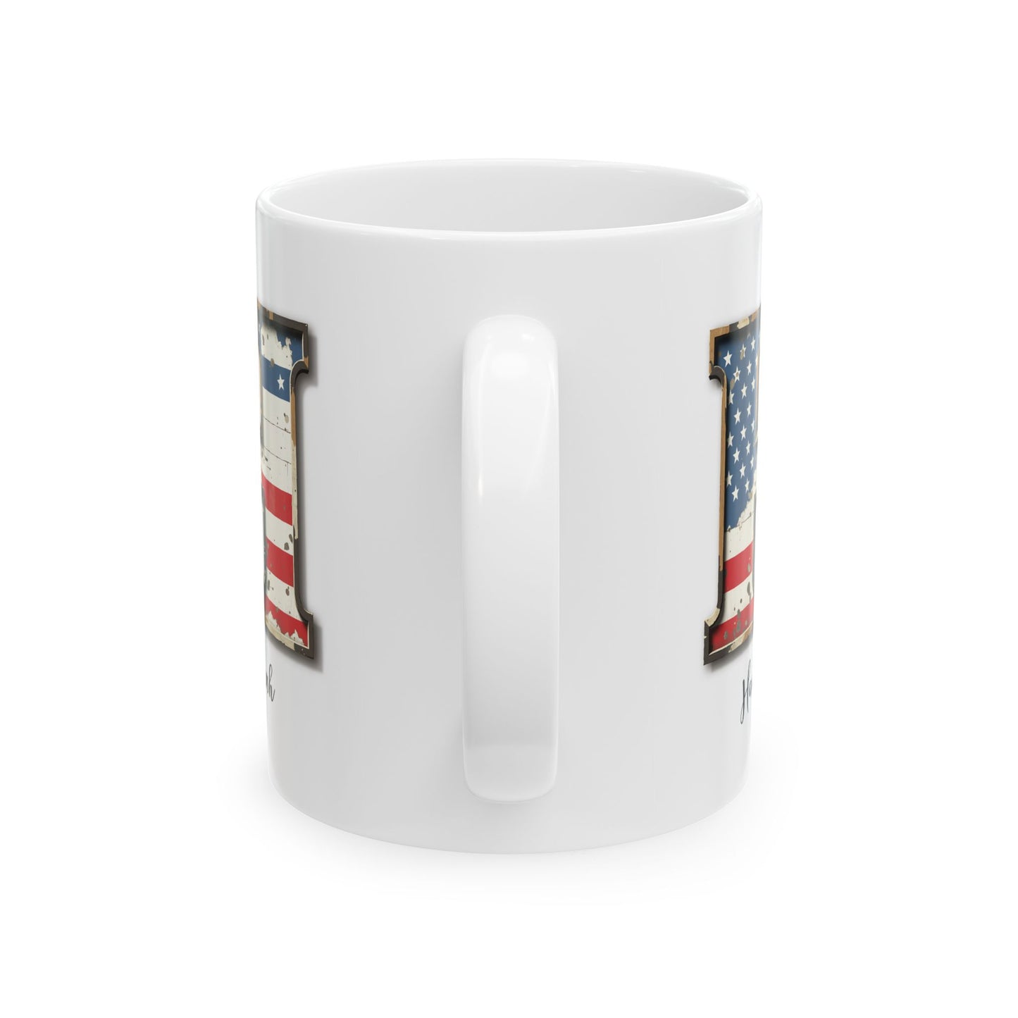 Mug - Patriotic American Flag Letter H with Kevin Name - Vintage Red, White, and Blue Design