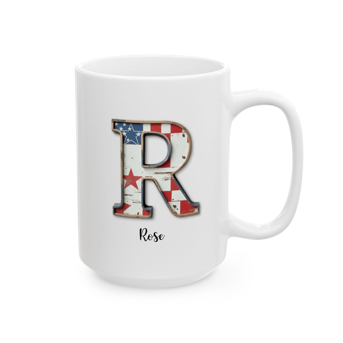 Mug - Patriotic American Flag Letter R with Kevin Name - Vintage Red, White, and Blue Design