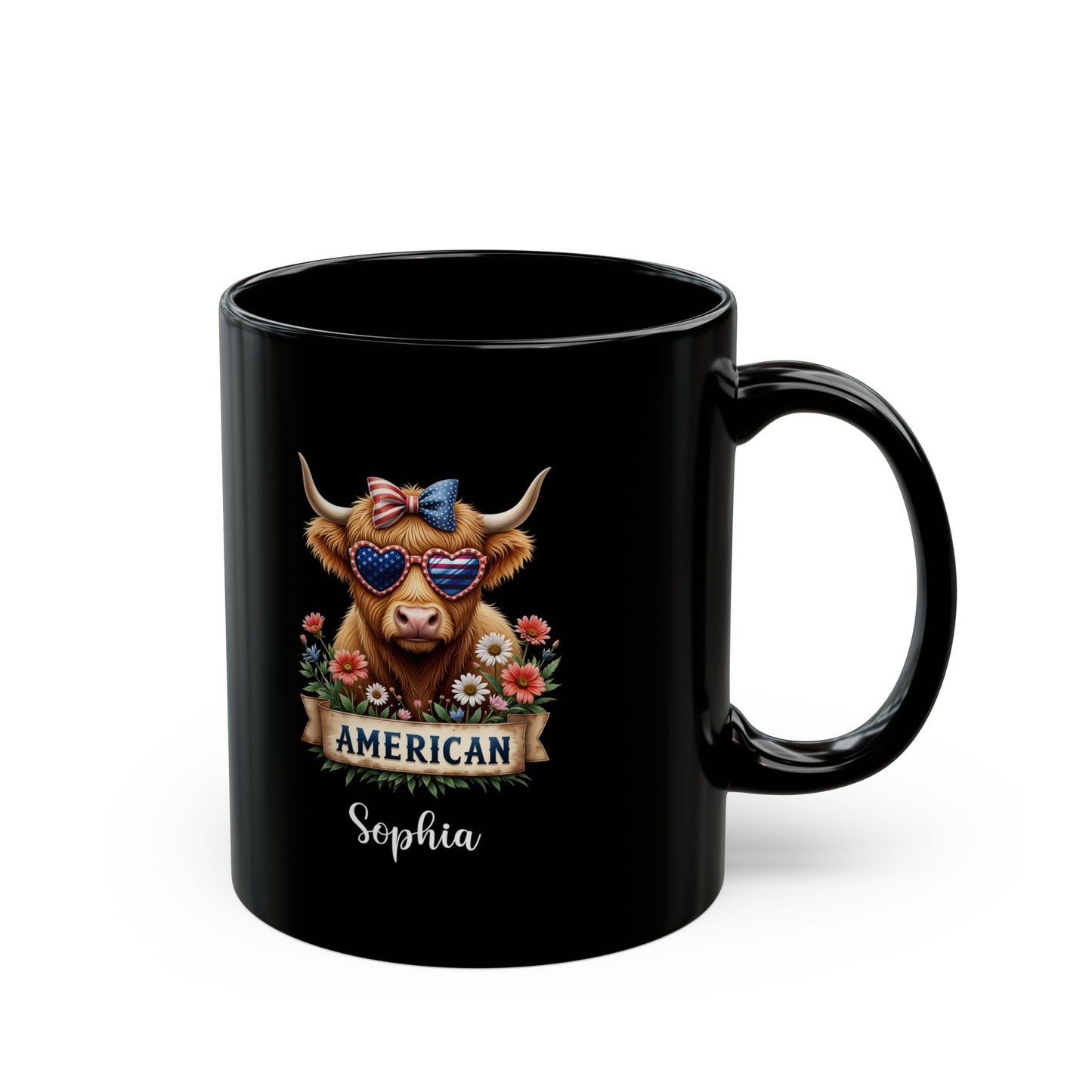 American Highland Cow Mug – Patriotic Personalized Coffee Cup Gift