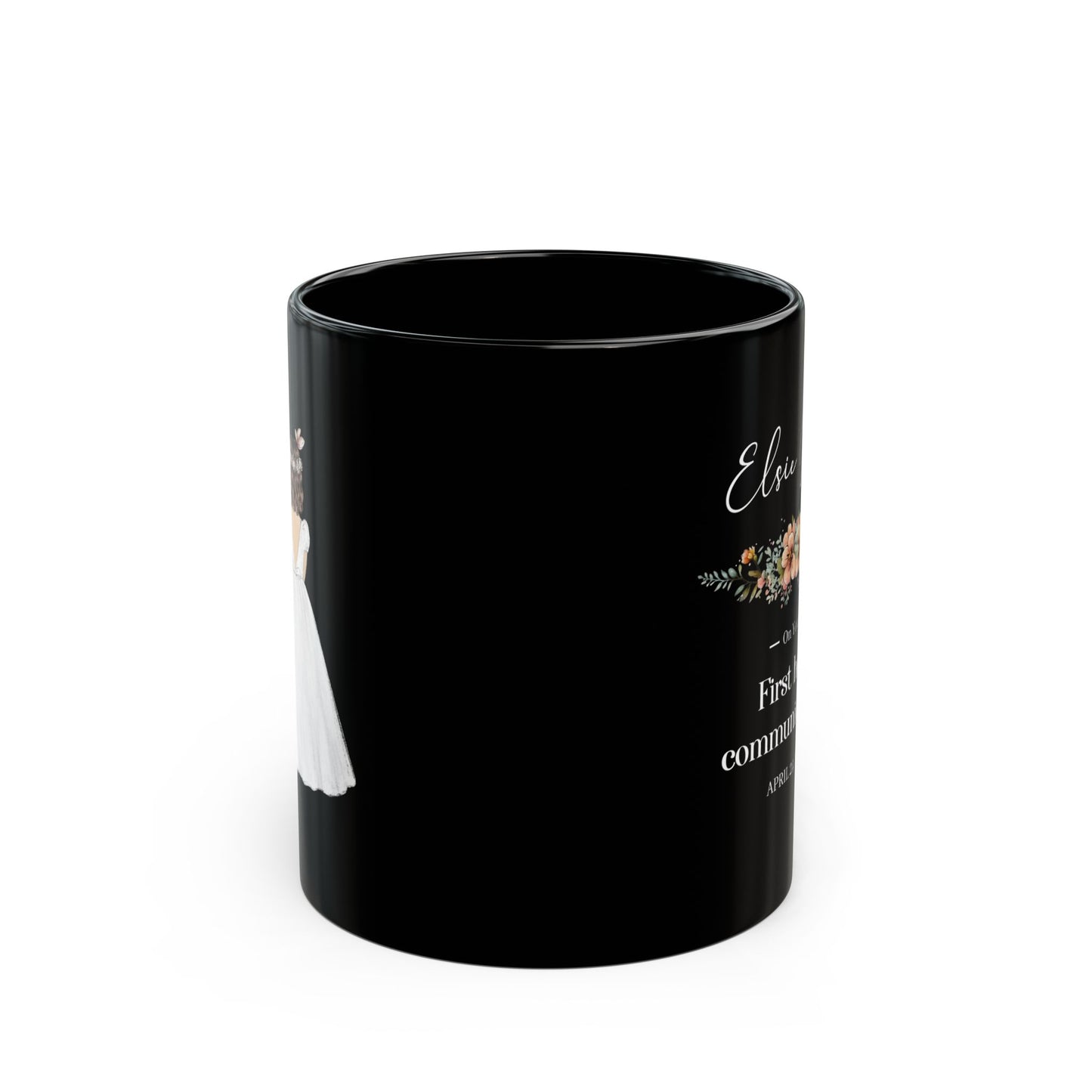 Black First Communion Mug – Custom Floral Gift with Name & Date