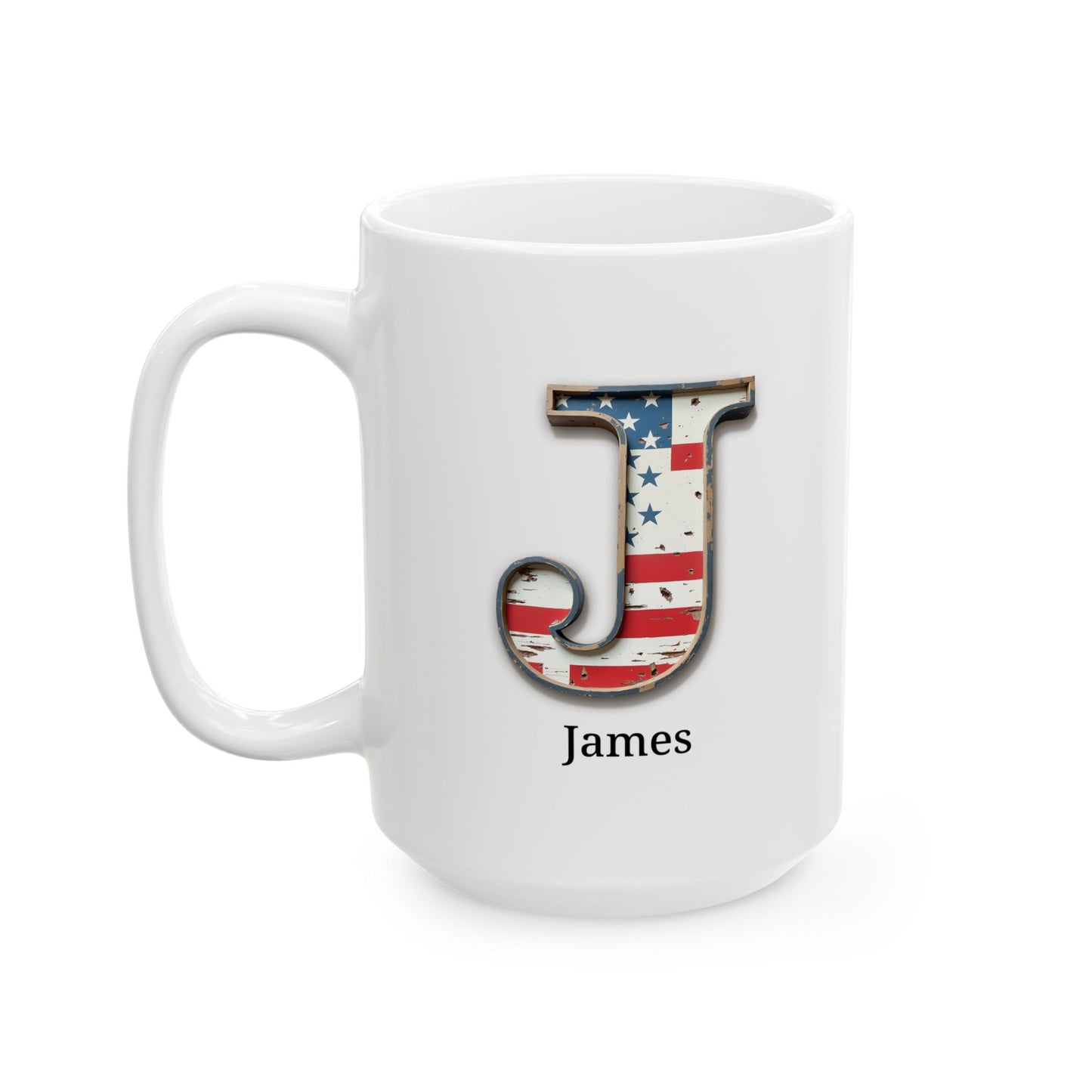 White Personalized USA Flag Initial Mug with Letter J and James Name Gift for Men, Veterans, Patriotic Coffee Lovers