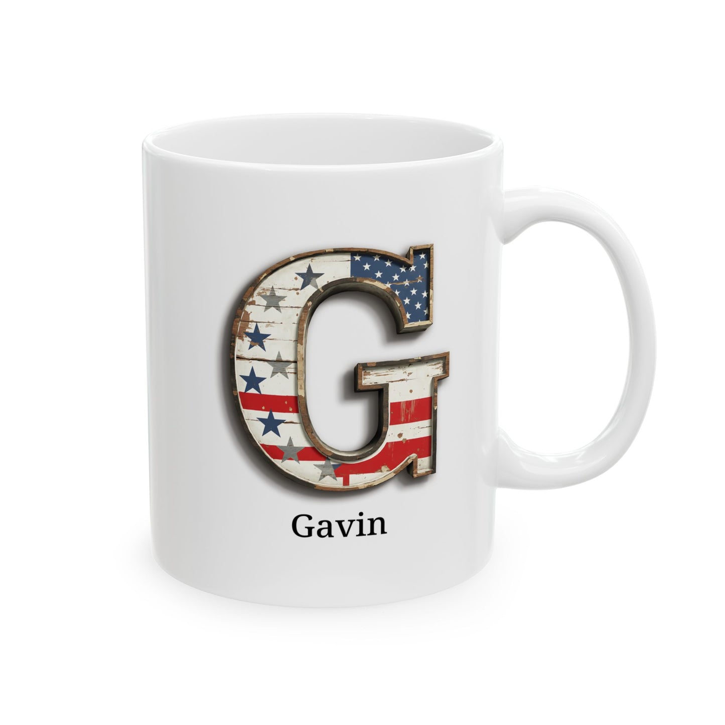 White Personalized USA Flag Initial Mug with Letter G and Gavin Name Gift for Men, Veterans, Patriotic Coffee Lovers