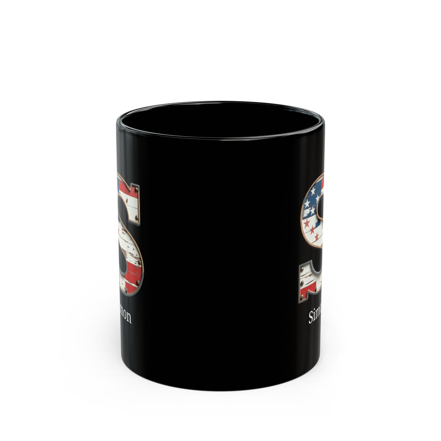 Black American Flag Mug with Letter S and Name Simon Personalized Patriotic Coffee Cup Gift for Men Veterans or USA Flag Lovers