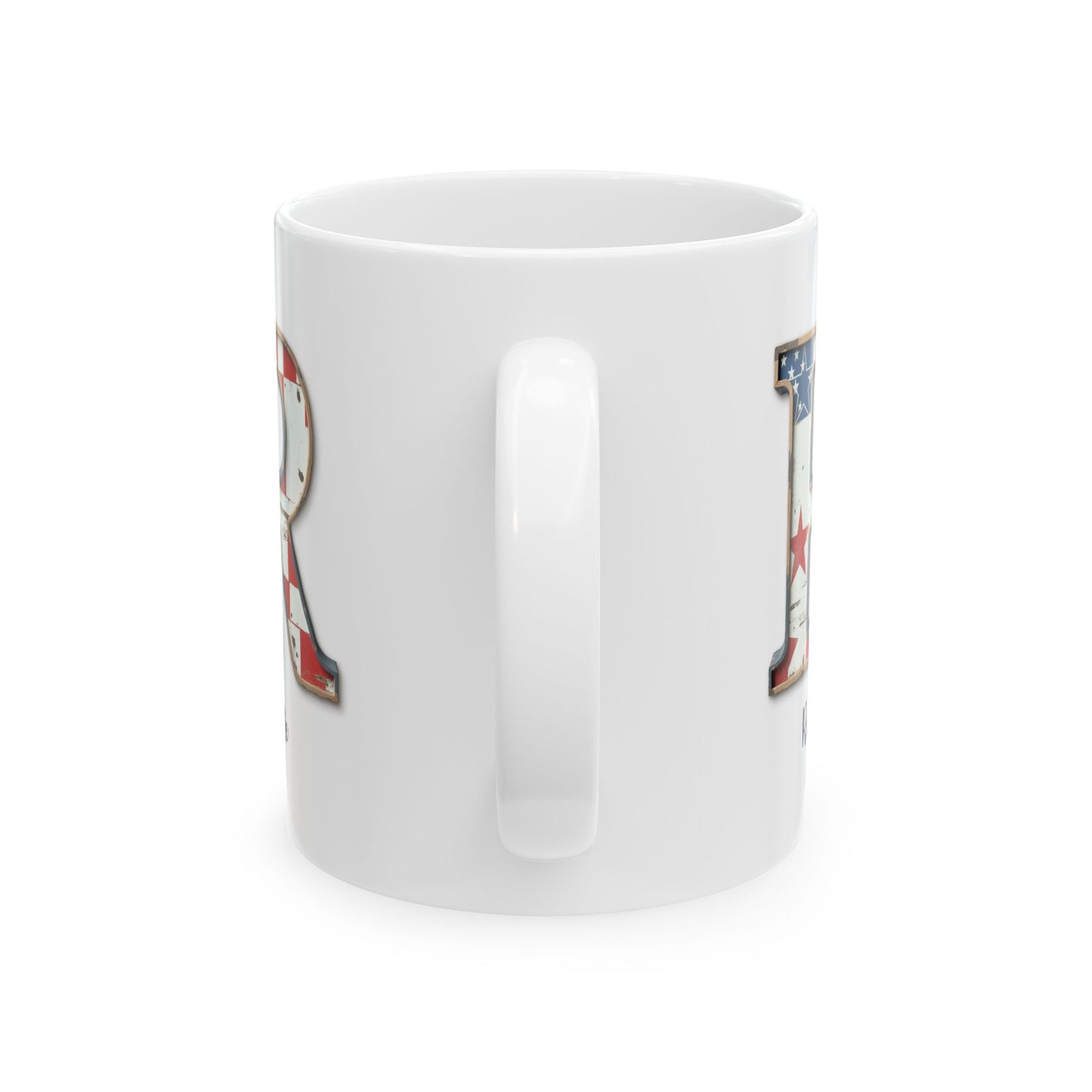 Mug - Patriotic American Flag Letter R with Kevin Name - Vintage Red, White, and Blue Design