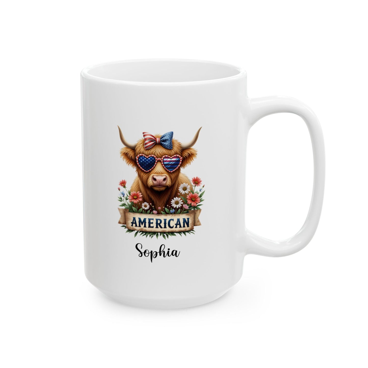 Custom Patriotic Highland Cow Mug – Personalized 4th of July Gift