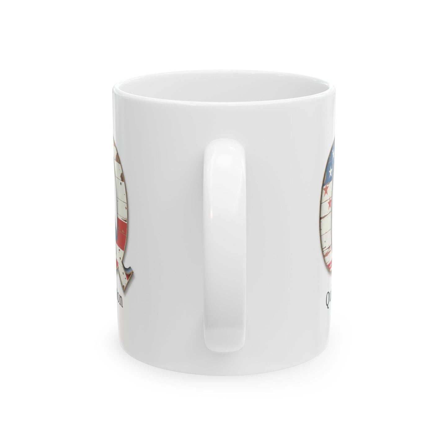 White American Flag Mug with Letter Q and Name Quinton Personalized Patriotic Coffee Cup Gift for Veterans Military or Proud Americans
