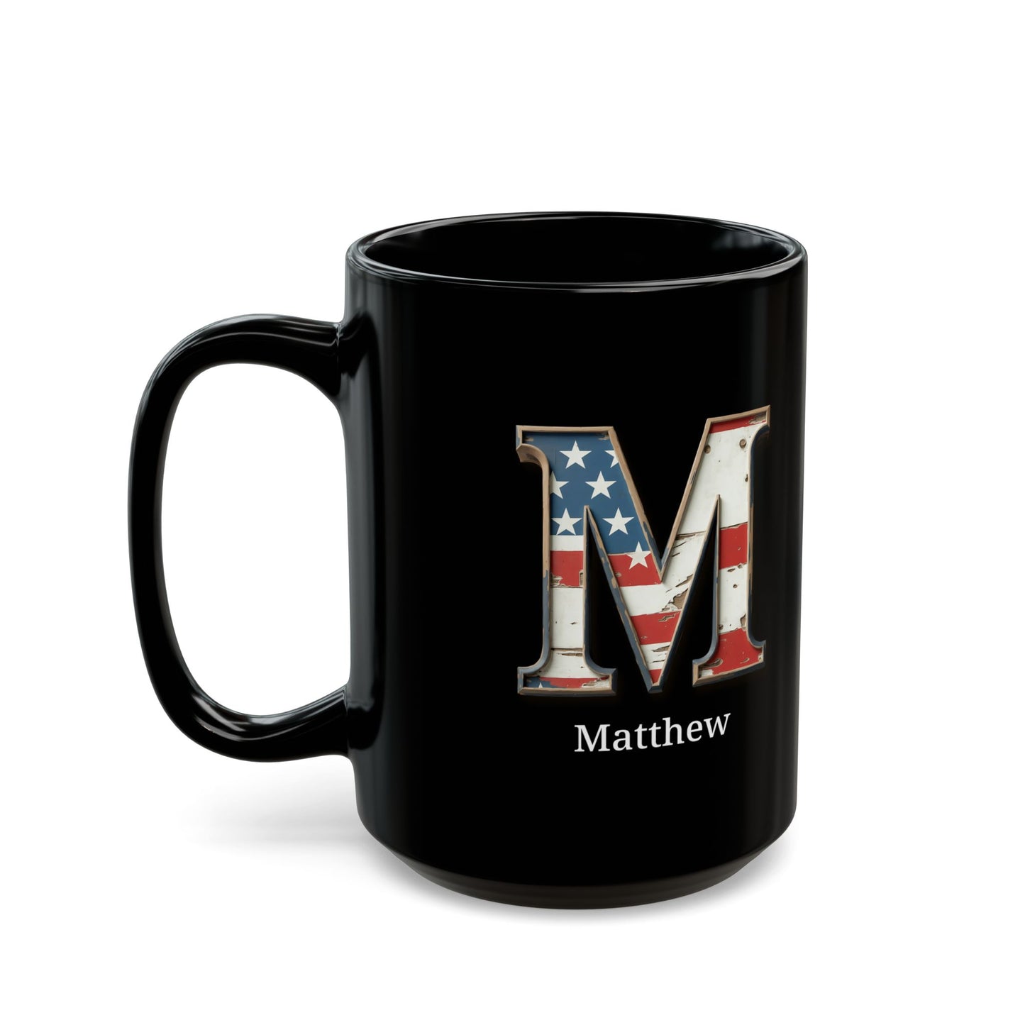 Black American Flag Mug with Letter M and Name Matthew Personalized Patriotic Coffee Cup Gift for Men Veterans or Proud USA Supporters