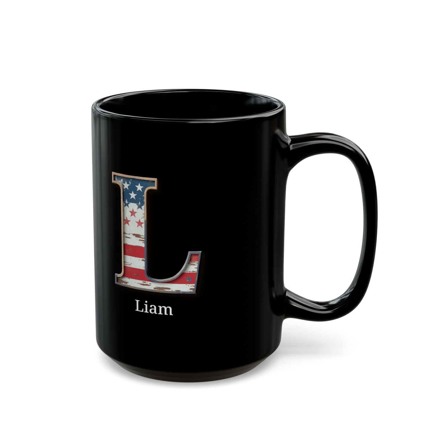 Black American Flag Mug with Letter L and Name Liam Personalized Patriotic Coffee Cup Gift for Men Veterans Military or Proud Americans