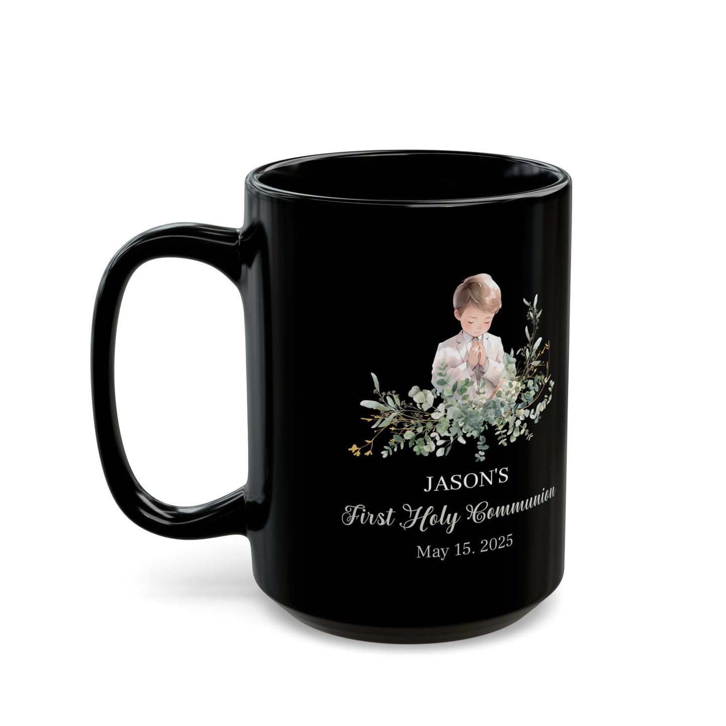 Jason's First Holy Communion Black Mug – Custom May 15, 2025 Gift