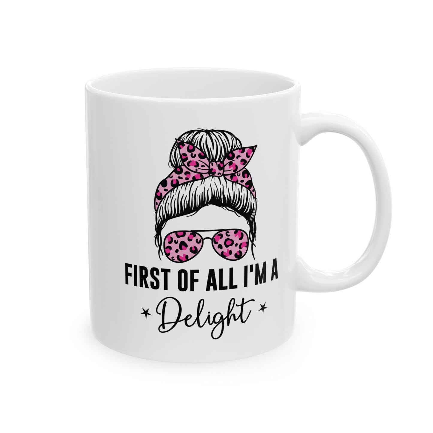 First of All, I'm a Delight – Quirky Mustache Mug with Leopard Print Accents