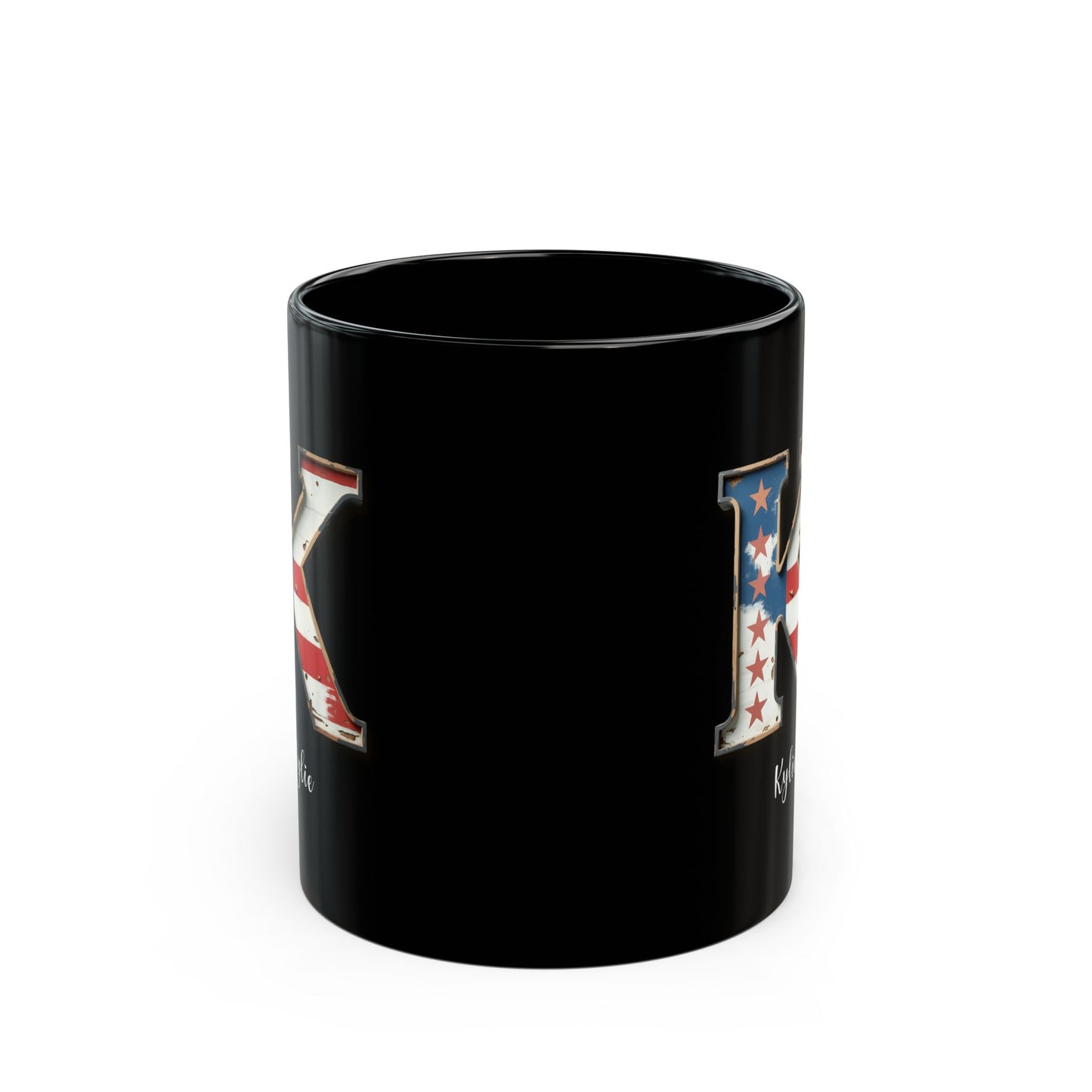 Mug - Patriotic American Flag Letter K with Kevin Name - Vintage Red, White, and Blue Design