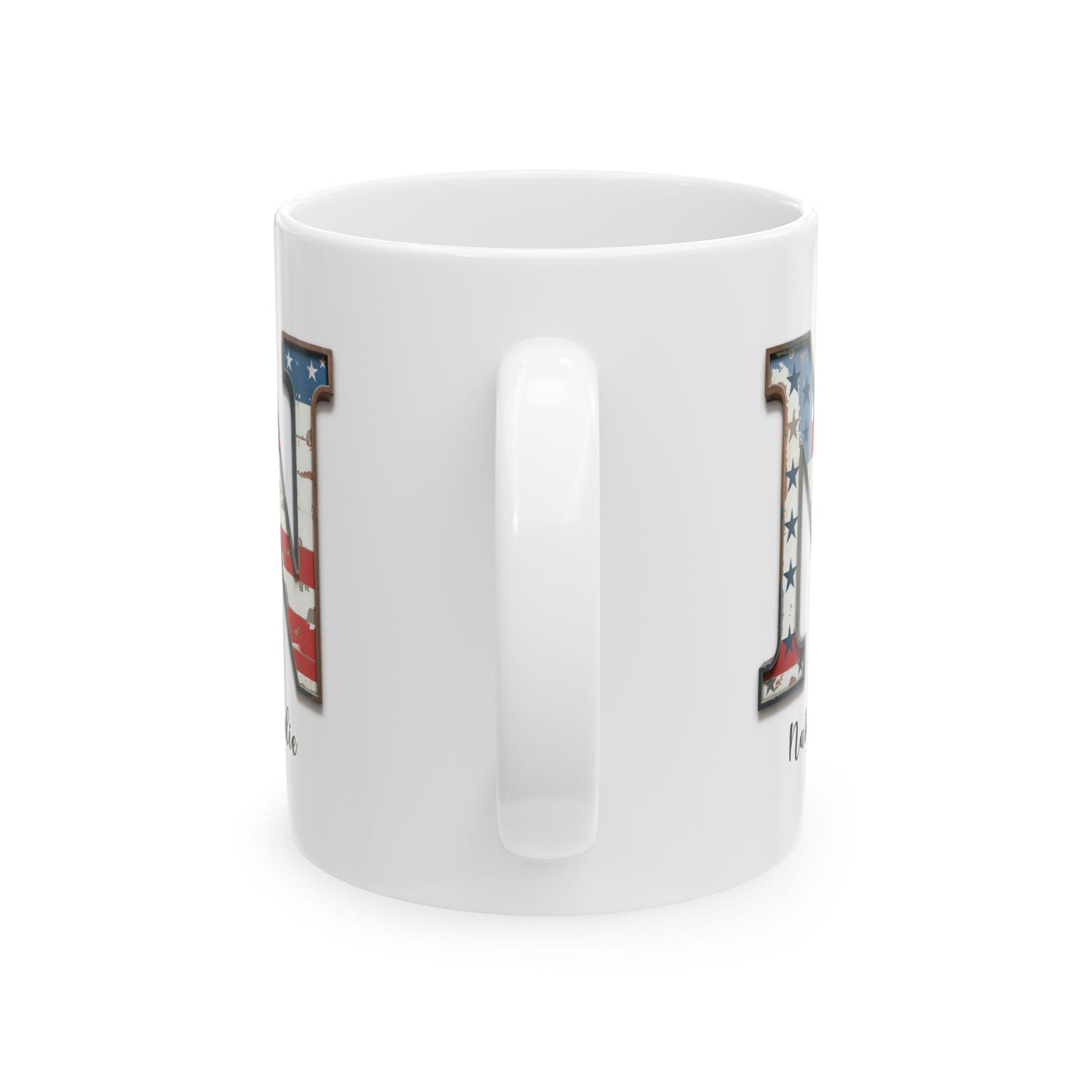 Mug - Patriotic American Flag Letter N with Kevin Name - Vintage Red, White, and Blue Design