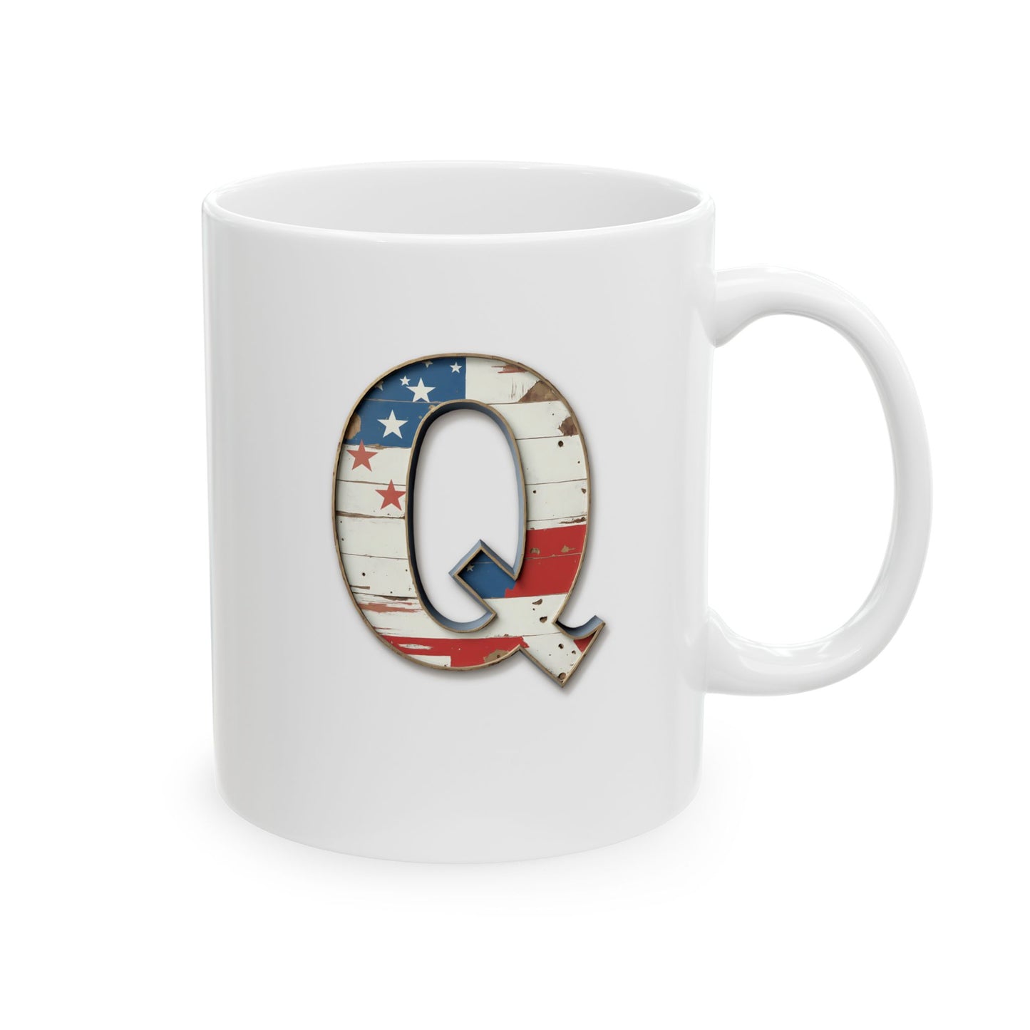Mug - Patriotic American Flag Letter Q with Kevin Name - Vintage Red, White, and Blue Design