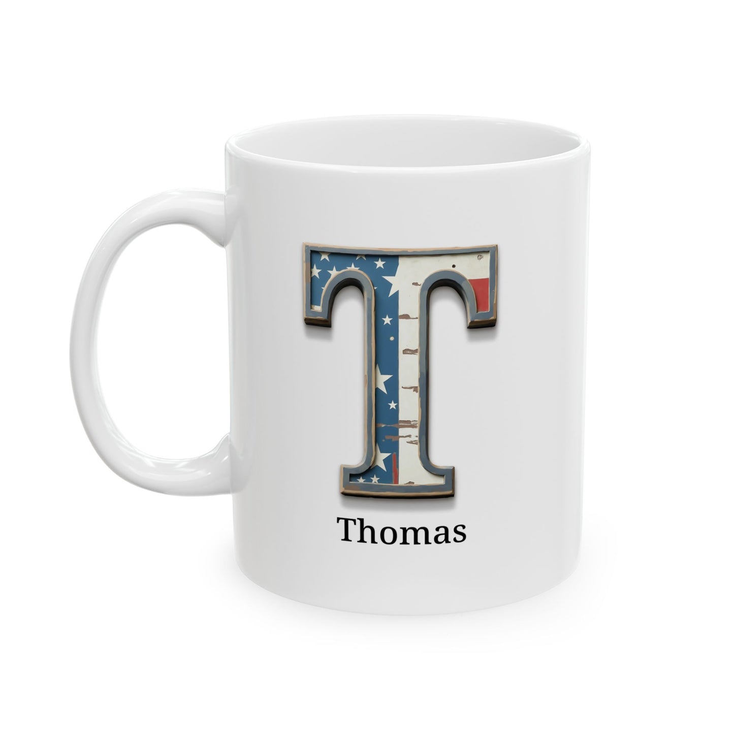 White American Flag Mug with Letter T and Name Thomas Personalized Patriotic Coffee Cup Gift for Men Veterans or Proud Americans