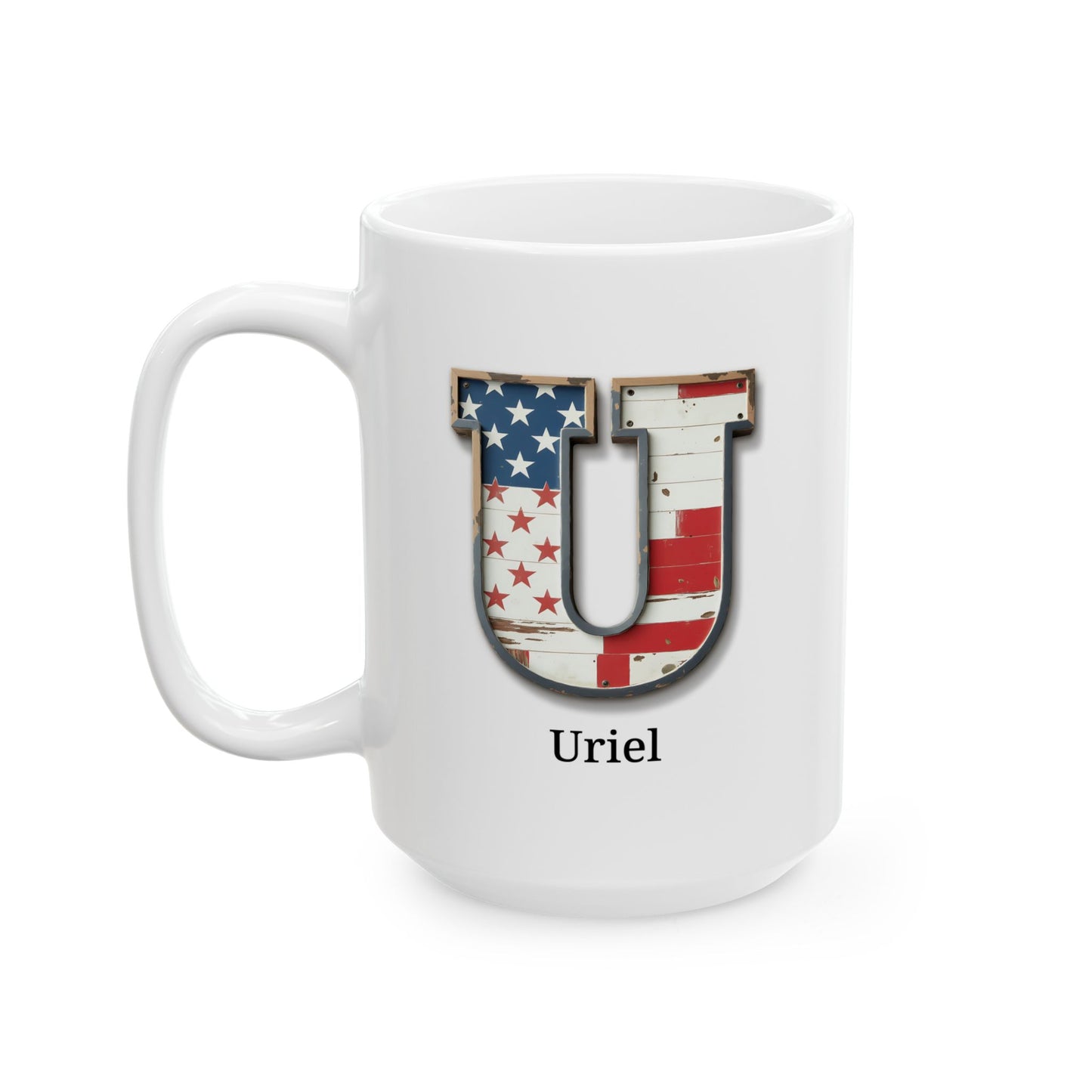 White American Flag Mug with Letter U and Name Uriel Personalized Patriotic Coffee Cup Gift for Men Veterans or USA Flag Lovers
