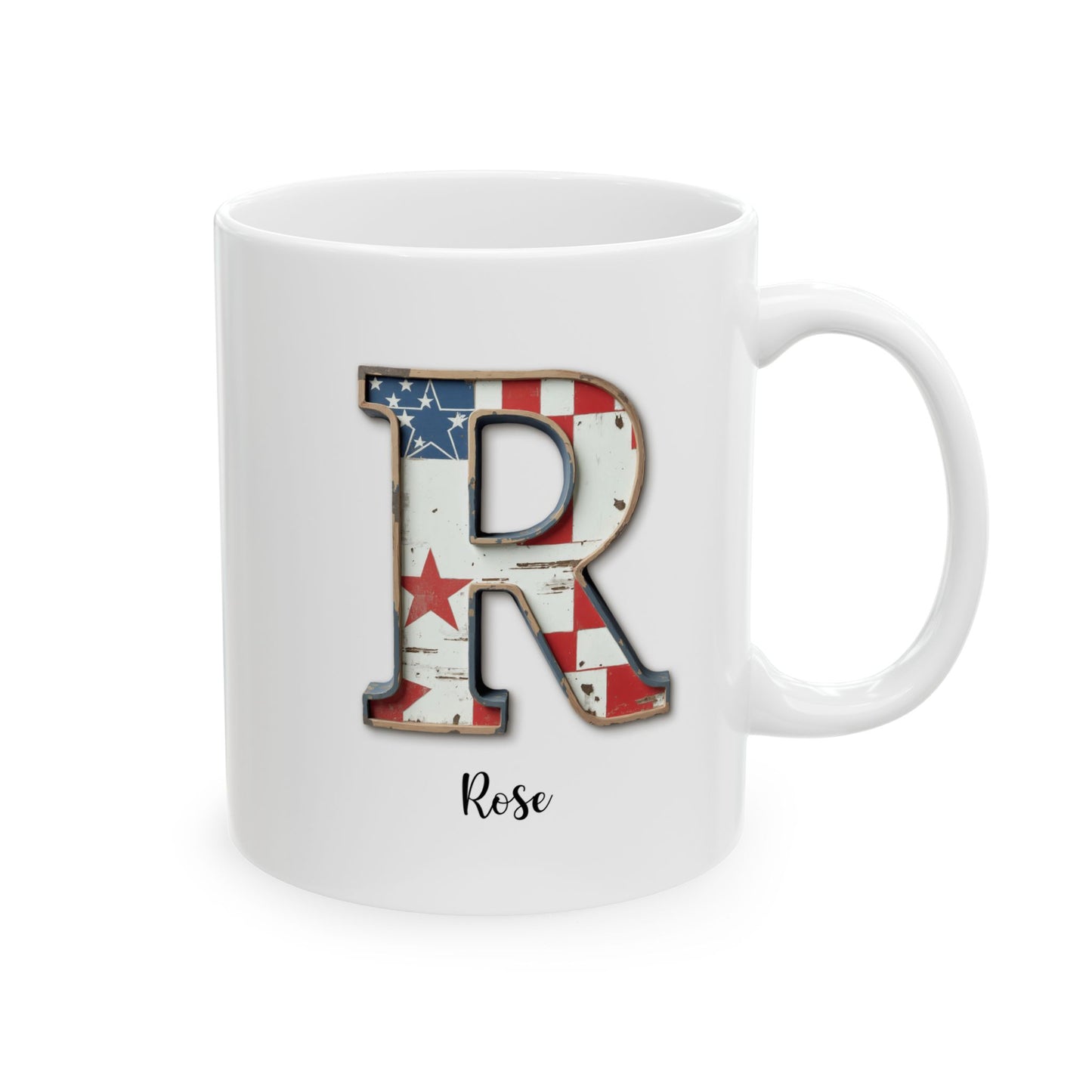 Mug - Patriotic American Flag Letter R with Kevin Name - Vintage Red, White, and Blue Design