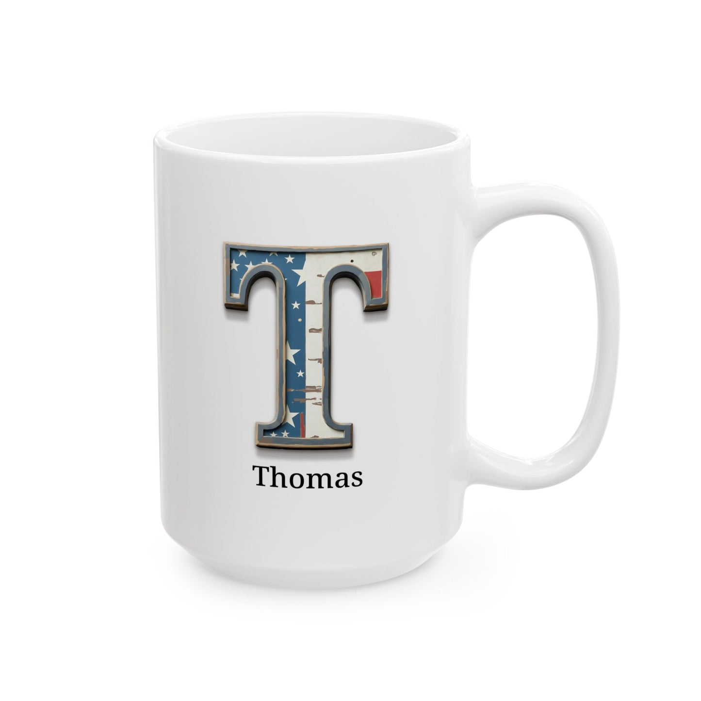 White American Flag Mug with Letter T and Name Thomas Personalized Patriotic Coffee Cup Gift for Men Veterans or Proud Americans
