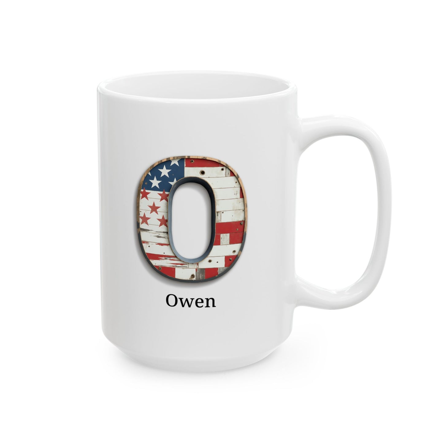 White American Flag Mug with Letter O and Name Owen Personalized Patriotic Coffee Cup Gift for Veterans Military Families or Proud Americans