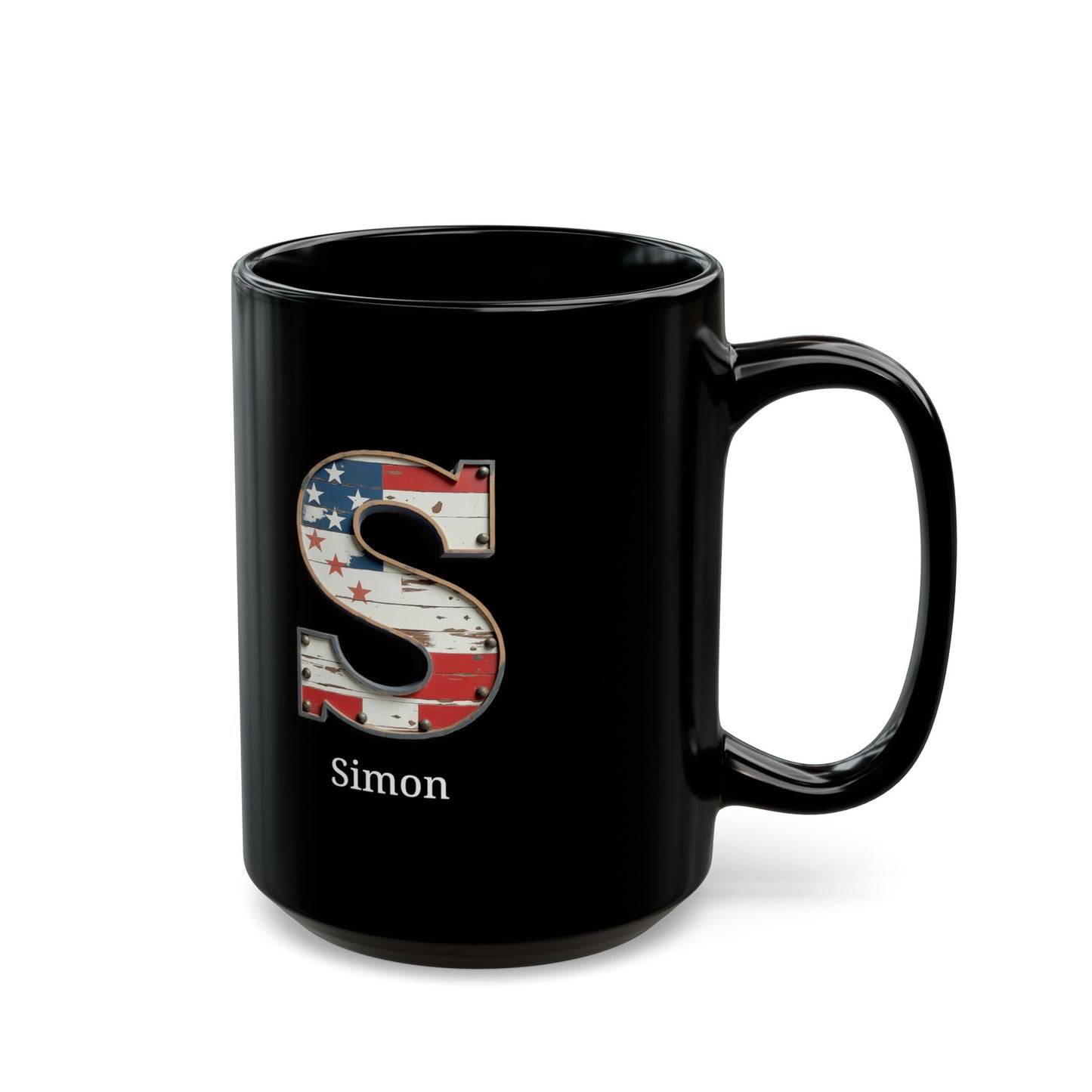 Black American Flag Mug with Letter S and Name Simon Personalized Patriotic Coffee Cup Gift for Men Veterans or USA Flag Lovers