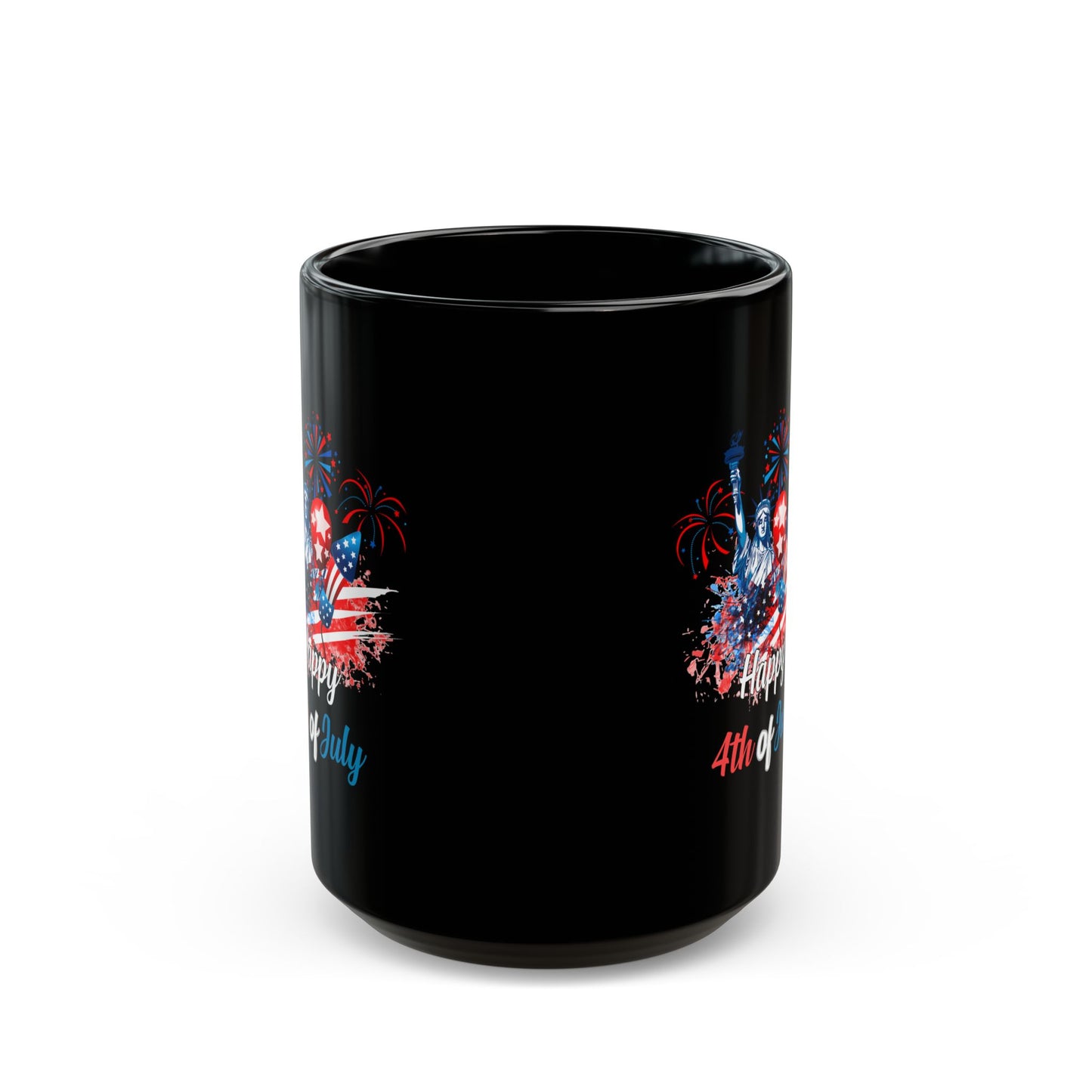 Happy 4th of July Black Mug – Statue of Liberty, Fireworks, Patriotic Gift