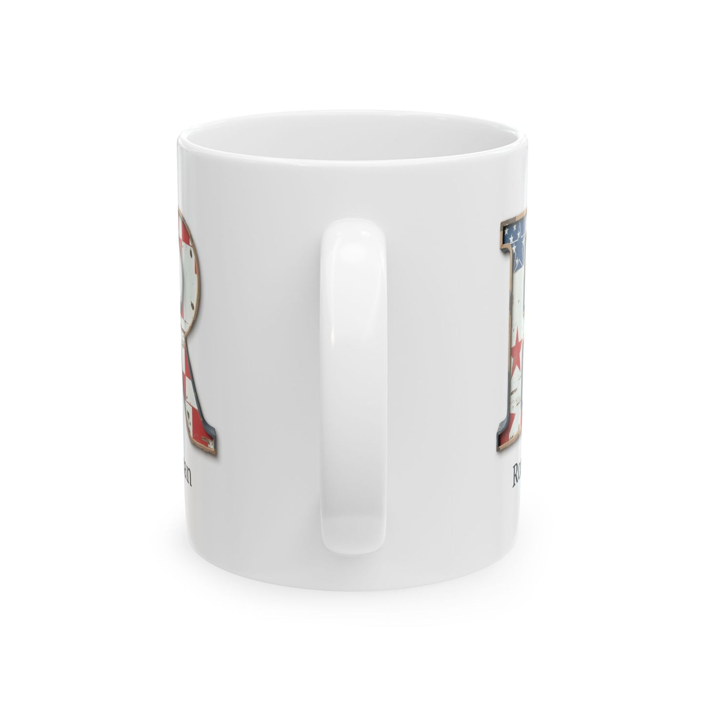 White American Flag Mug with Letter R and Name Roman Personalized Patriotic Coffee Cup Gift for Men Veterans or USA Flag Lovers