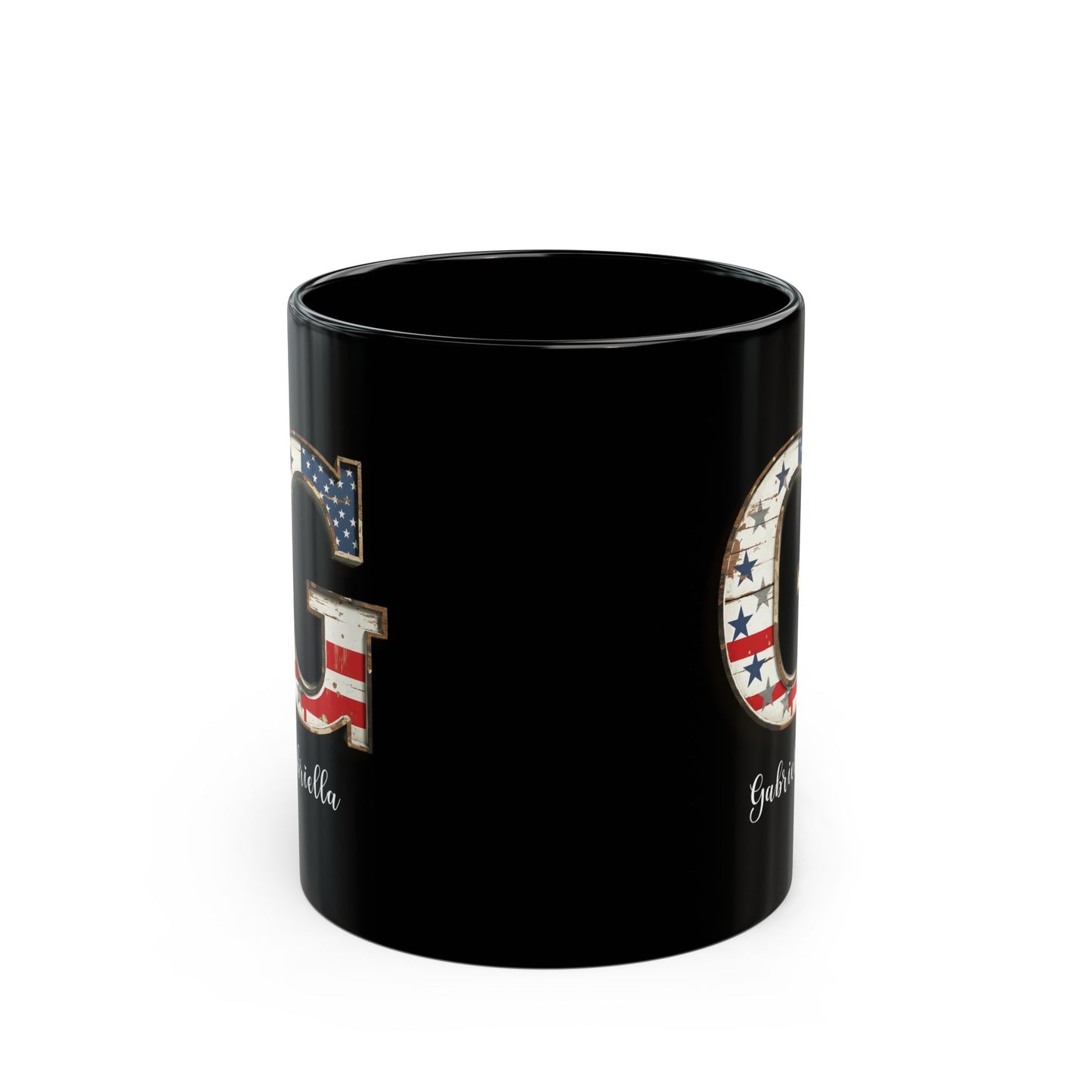 Mug - Patriotic American Flag Letter G with Kevin Name - Vintage Red, White, and Blue Design