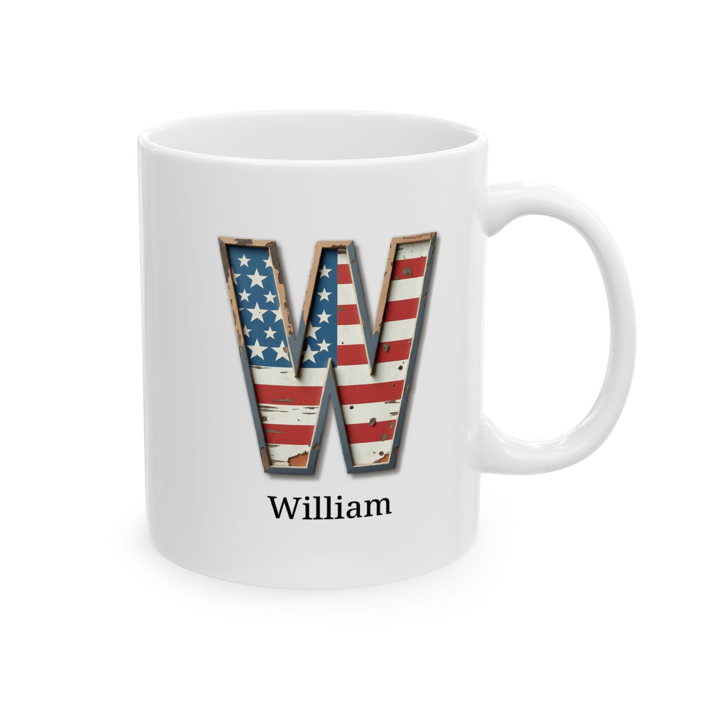 Personalized American Flag Initial Mug with Name Custom USA Letter W Coffee Cup Gift for Men Women Veterans or Patriotic Americans