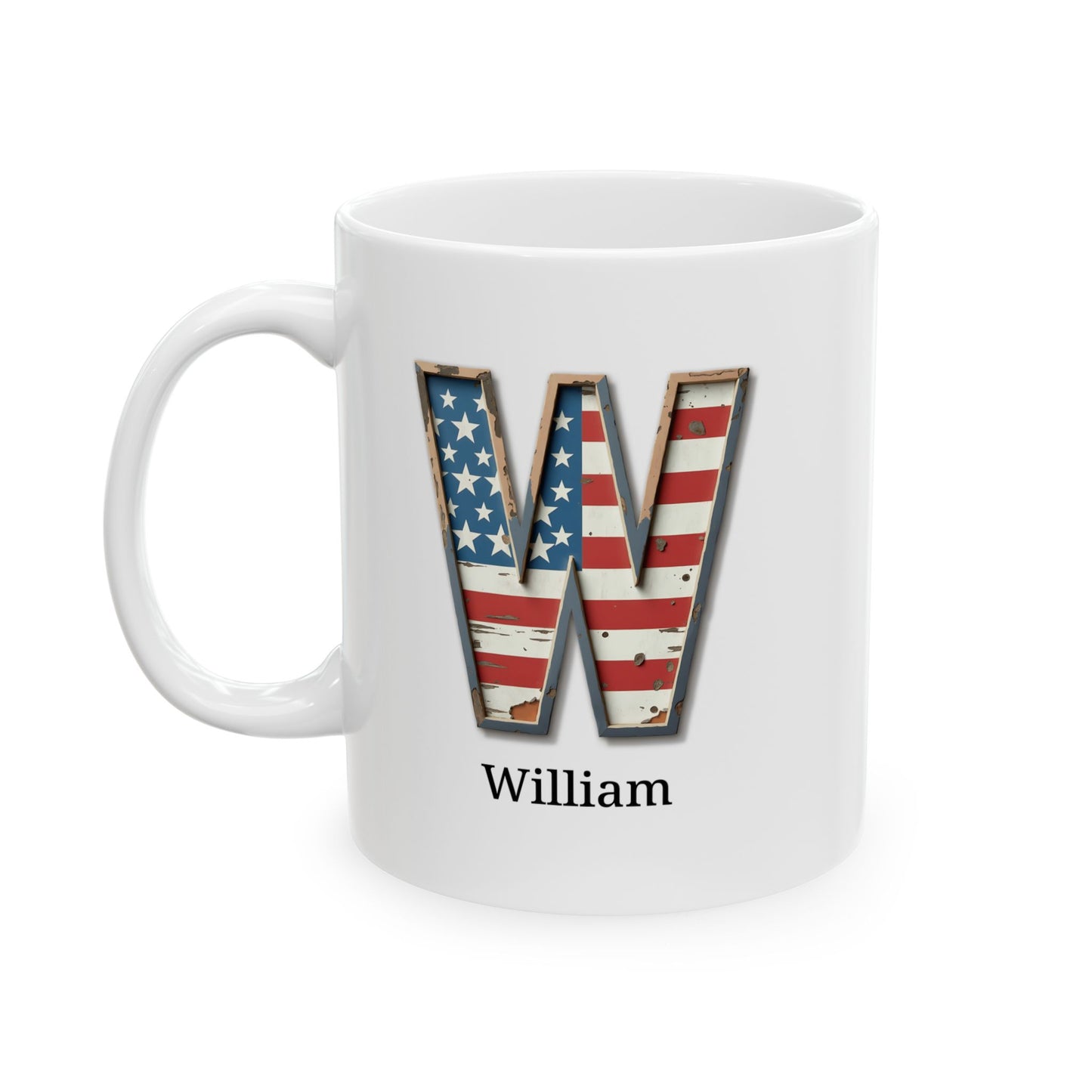 Personalized American Flag Initial Mug with Name Custom USA Letter W Coffee Cup Gift for Men Women Veterans or Patriotic Americans