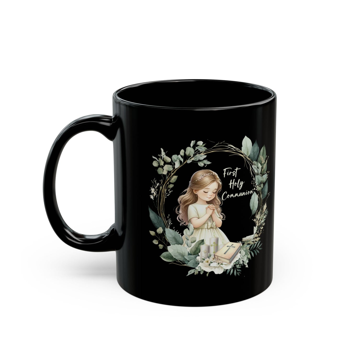 First Holy Communion Mug for Girl – Elegant Black Keepsake Cup