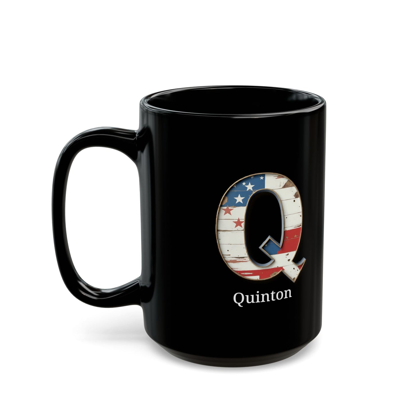 Black American Flag Mug with Letter Q and Name Quinton Personalized Patriotic Coffee Cup Gift for Men Veterans or American Flag Fans