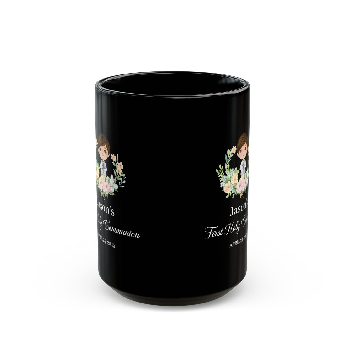Custom Black Communion Mug for Boy – Personalized First Holy Gift