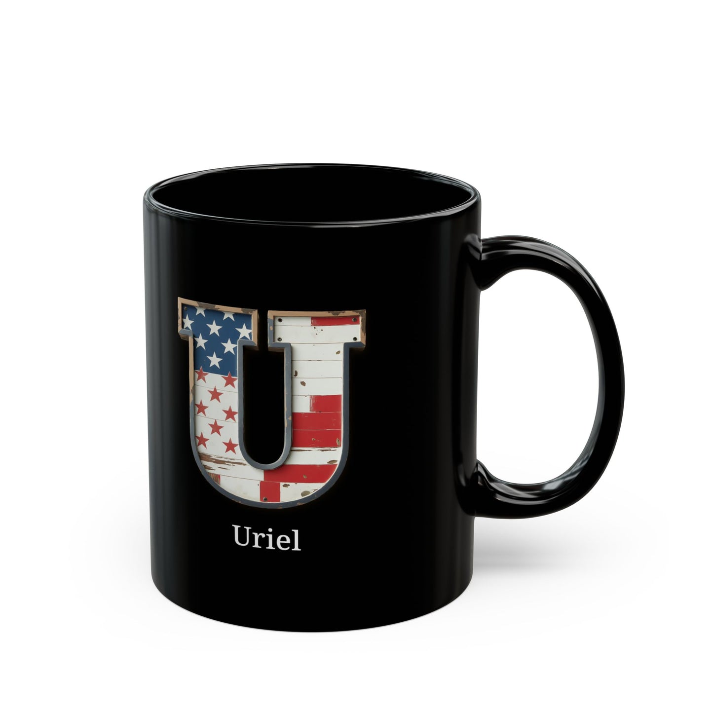 Black American Flag Mug with Letter U and Name Uriel Personalized Patriotic Coffee Cup Gift for Men Veterans or USA Supporters