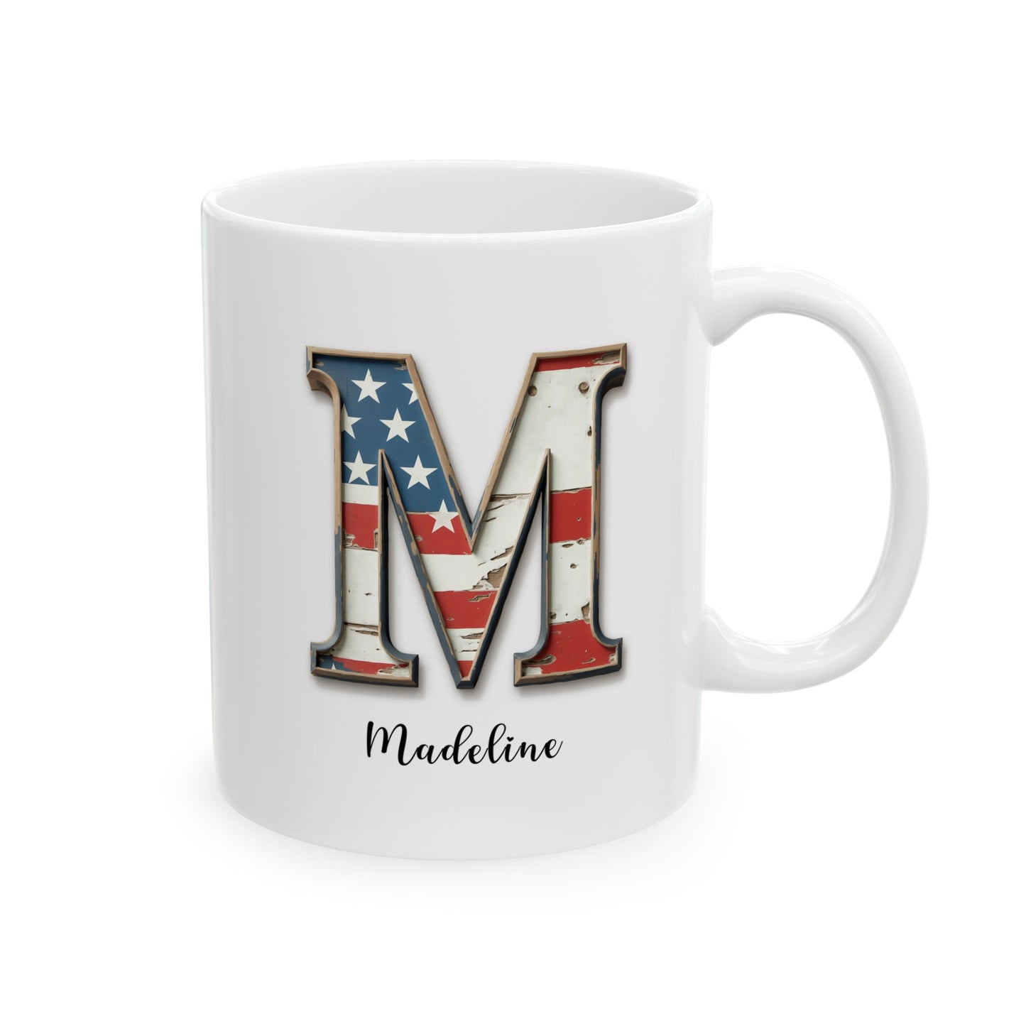 Mug - Patriotic American Flag Letter M with Kevin Name - Vintage Red, White, and Blue Design