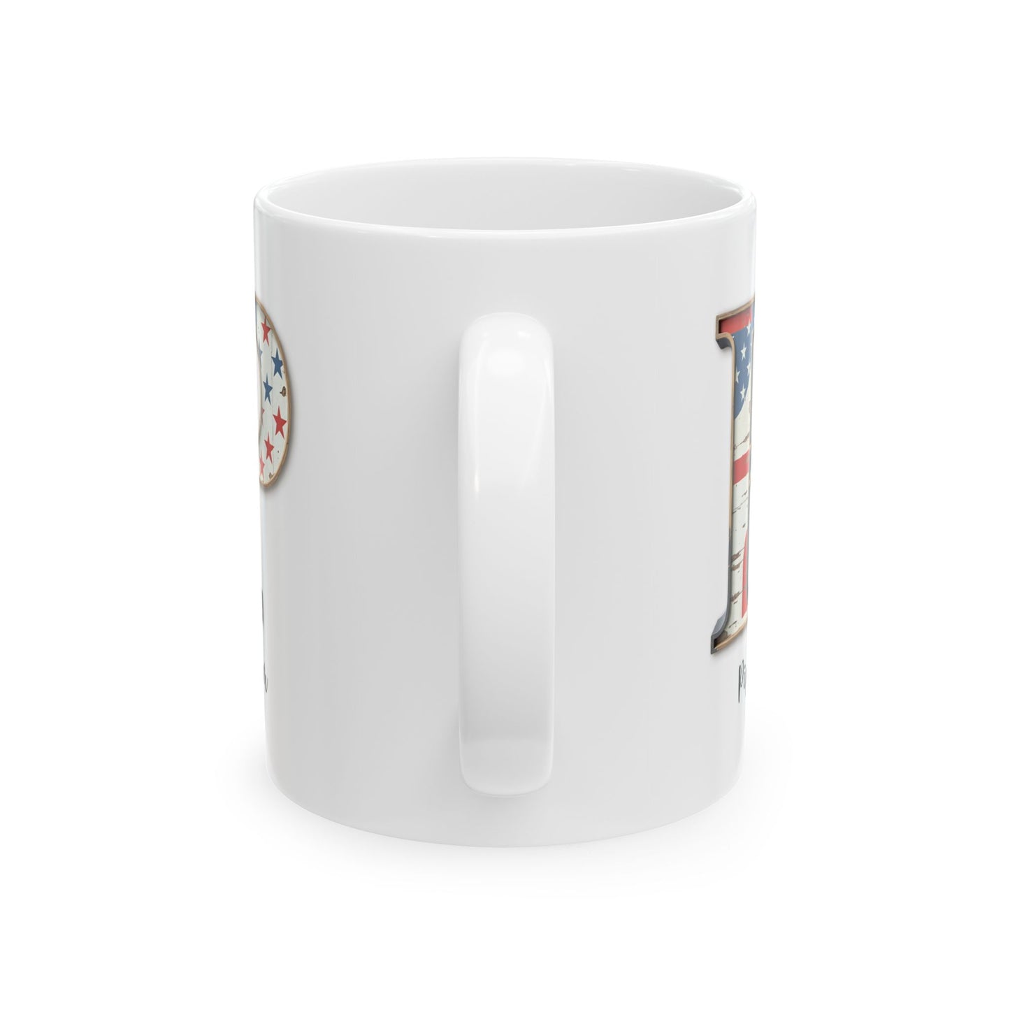 Mug - Patriotic American Flag Letter P with Kevin Name - Vintage Red, White, and Blue Design