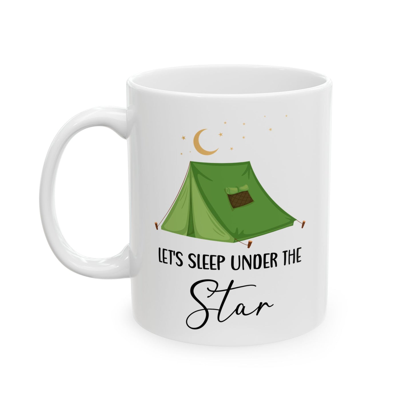 Green Camping Tent Under Moon and Stars Ceramic Mug, (11oz, 15oz)